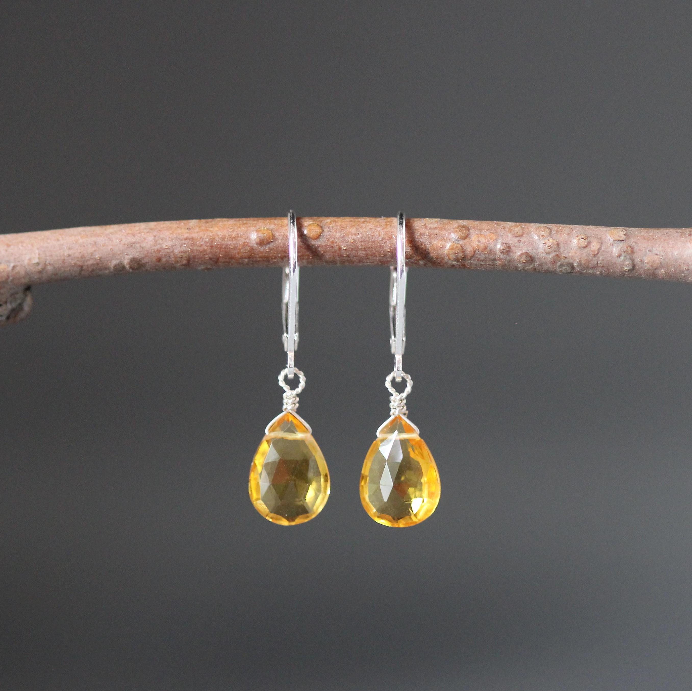 Citrine Quartz Teardrop Dangle Earrings on Sterling Silver Leverbacks