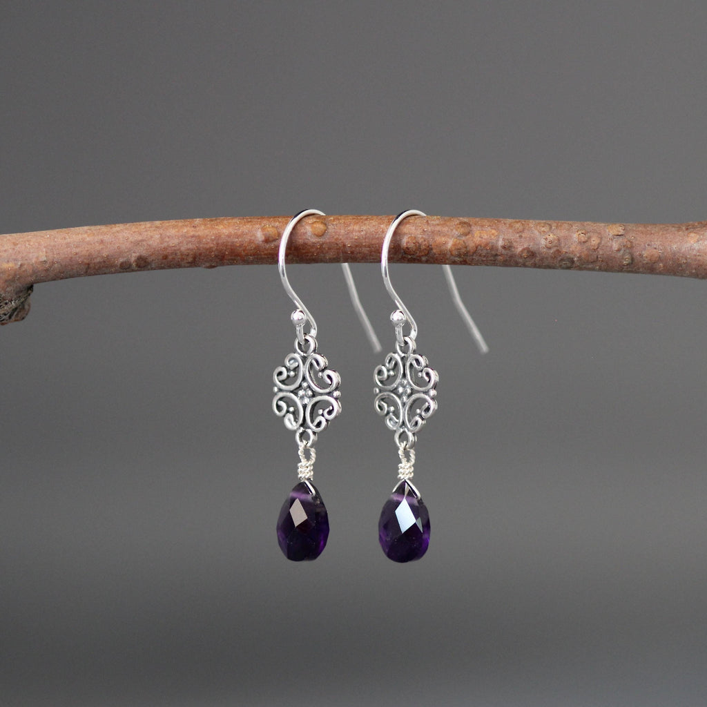 Amethyst and Sterling Silver Bali Filigree Dangle Earrings