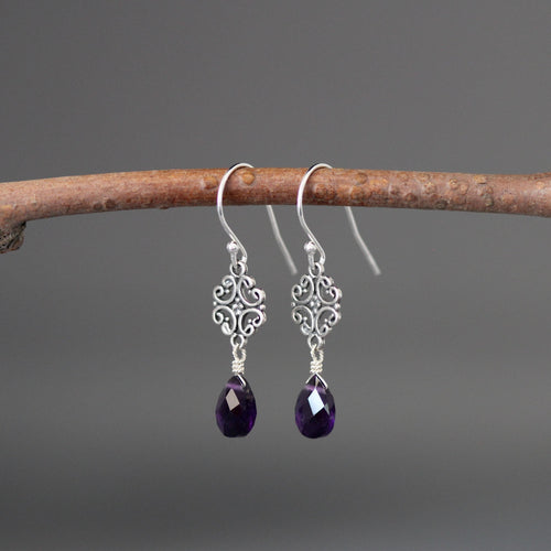 Amethyst and Sterling Silver Bali Filigree Dangle Earrings