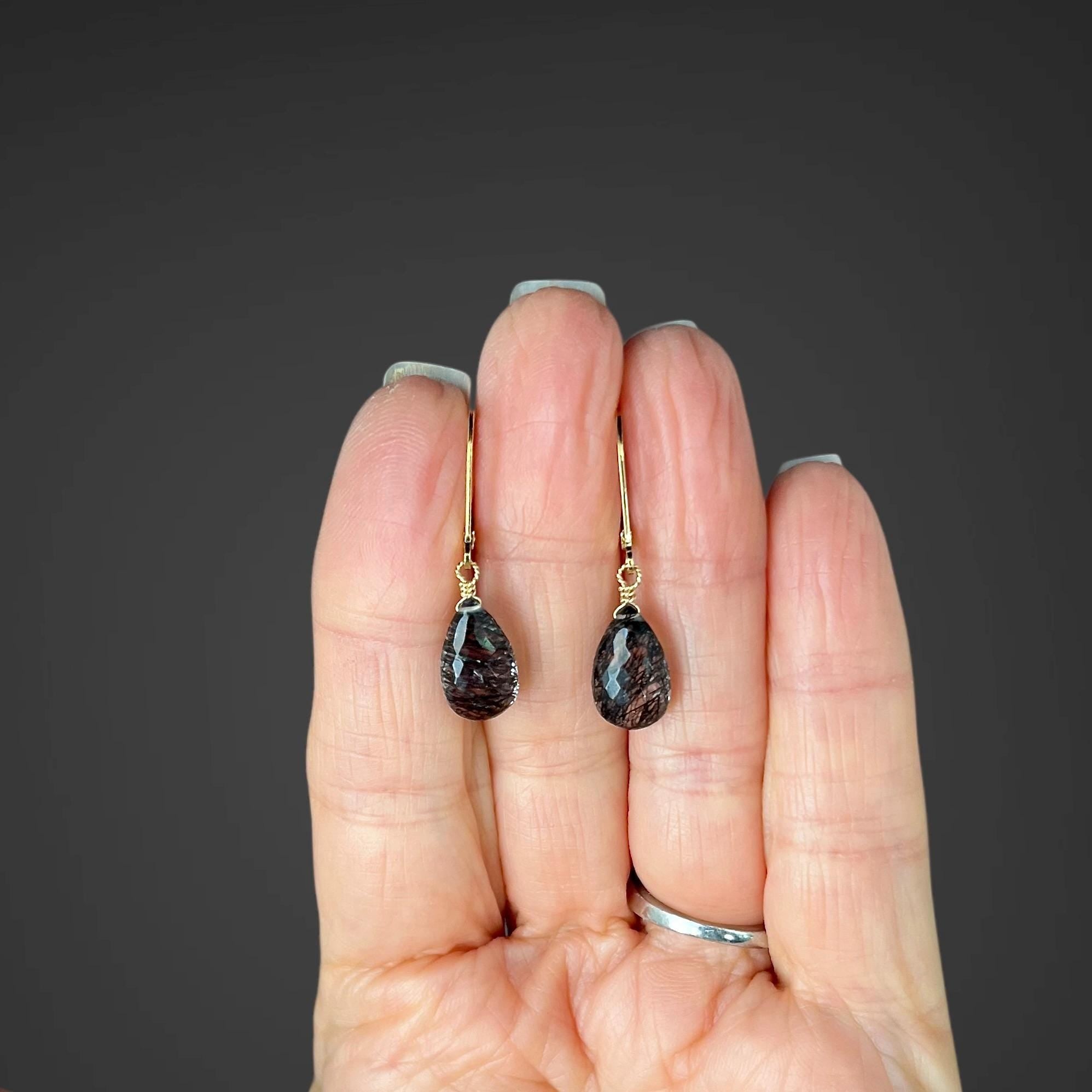 Black Rutilated Quartz Teardrop Earrings on Gold Filled Leverbacks