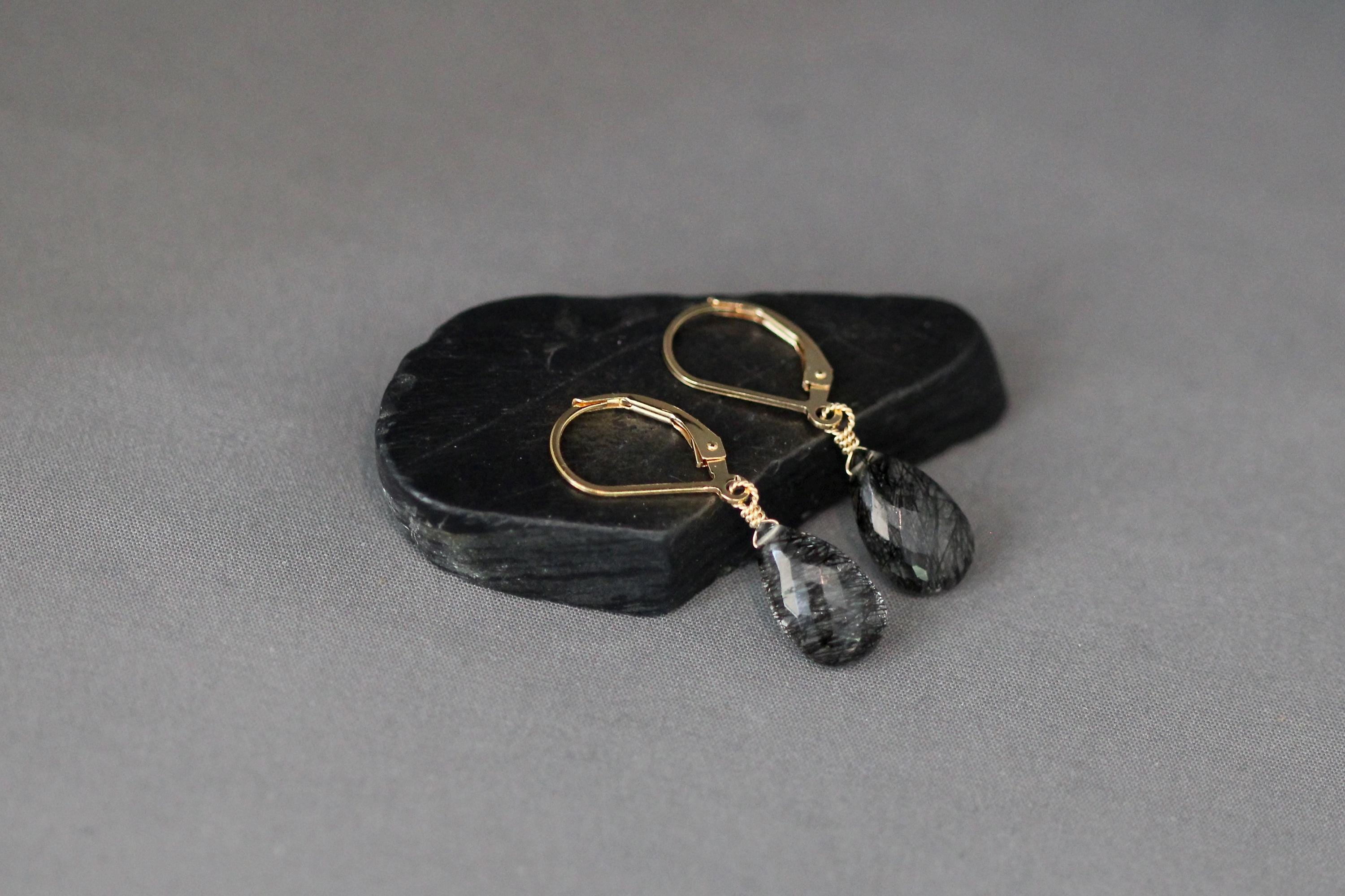 Black Rutilated Quartz Teardrop Earrings on Gold Filled Leverbacks