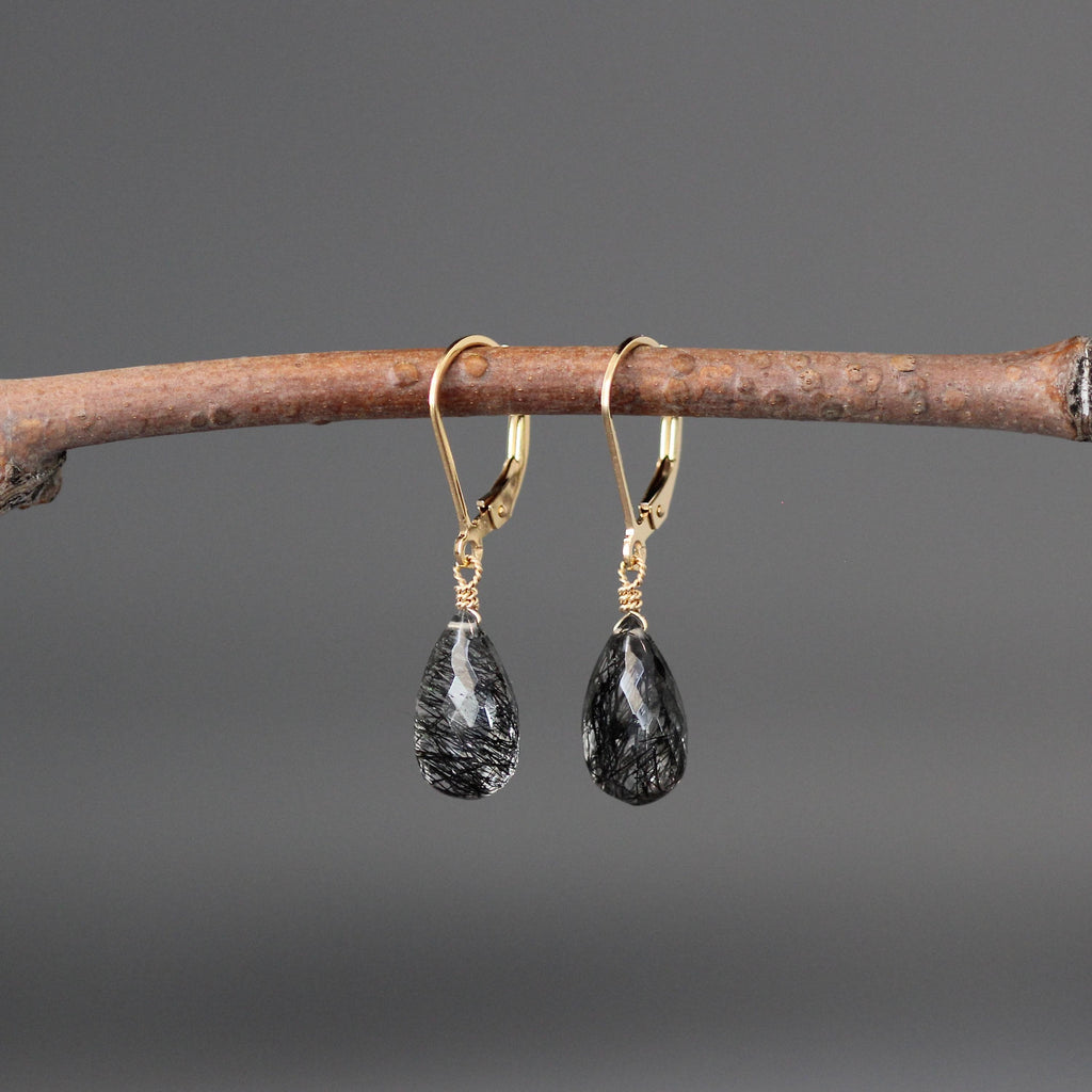 Black Rutilated Quartz Teardrop Earrings on Gold Filled Leverbacks