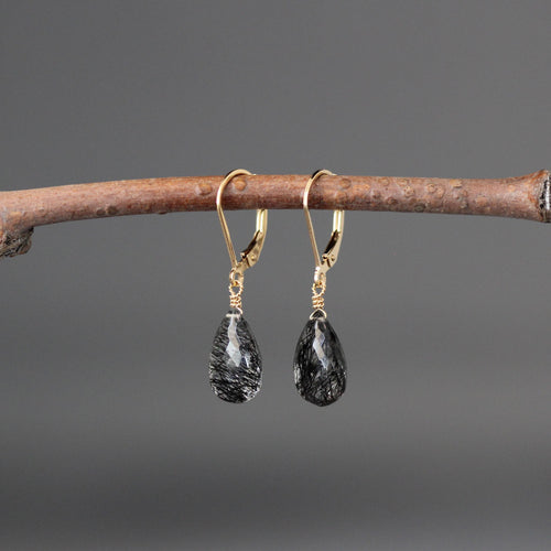 Black Rutilated Quartz Teardrop Earrings on Gold Filled Leverbacks
