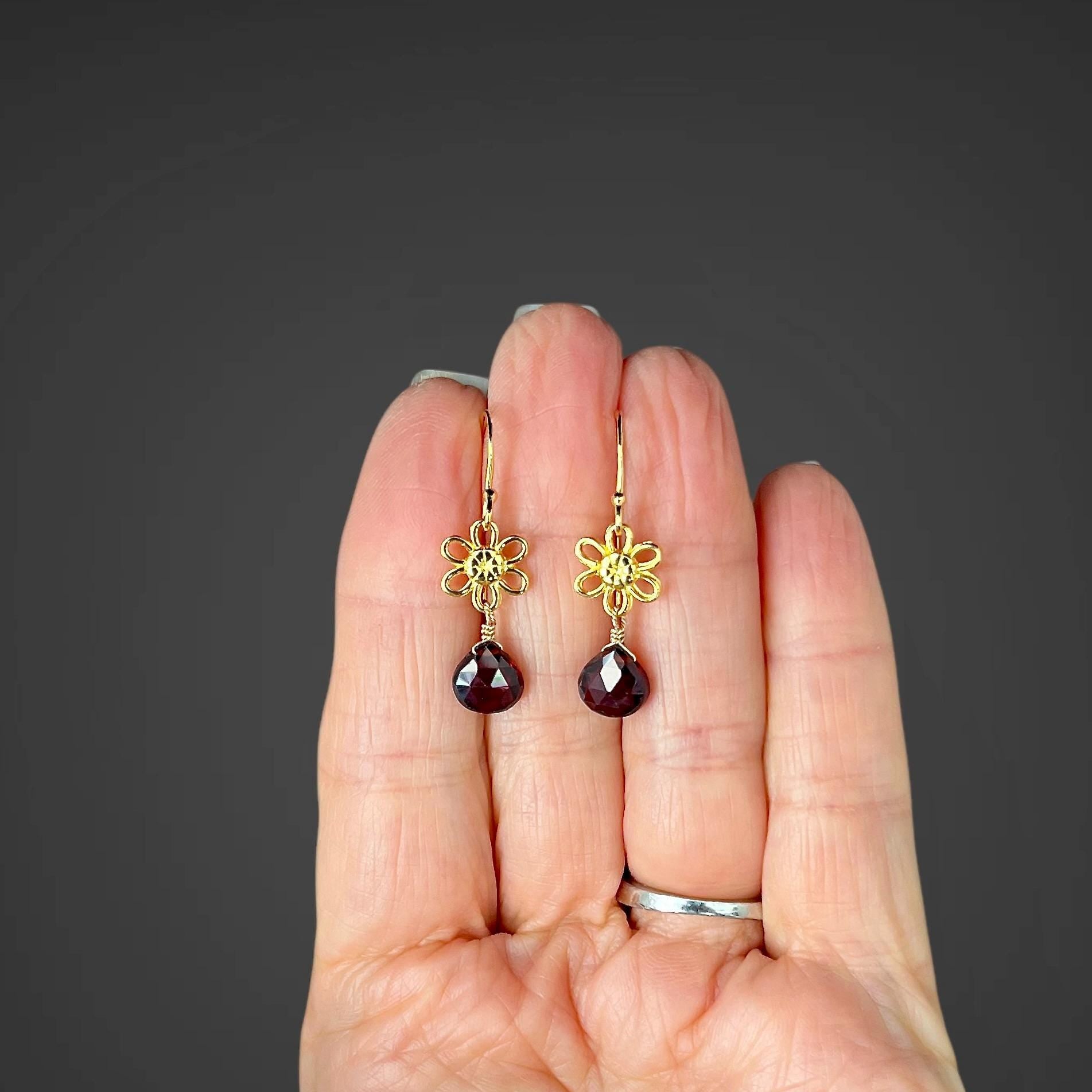Garnet Quartz Teardrop and Gold Vermeil Flower Link Dangle Earrings