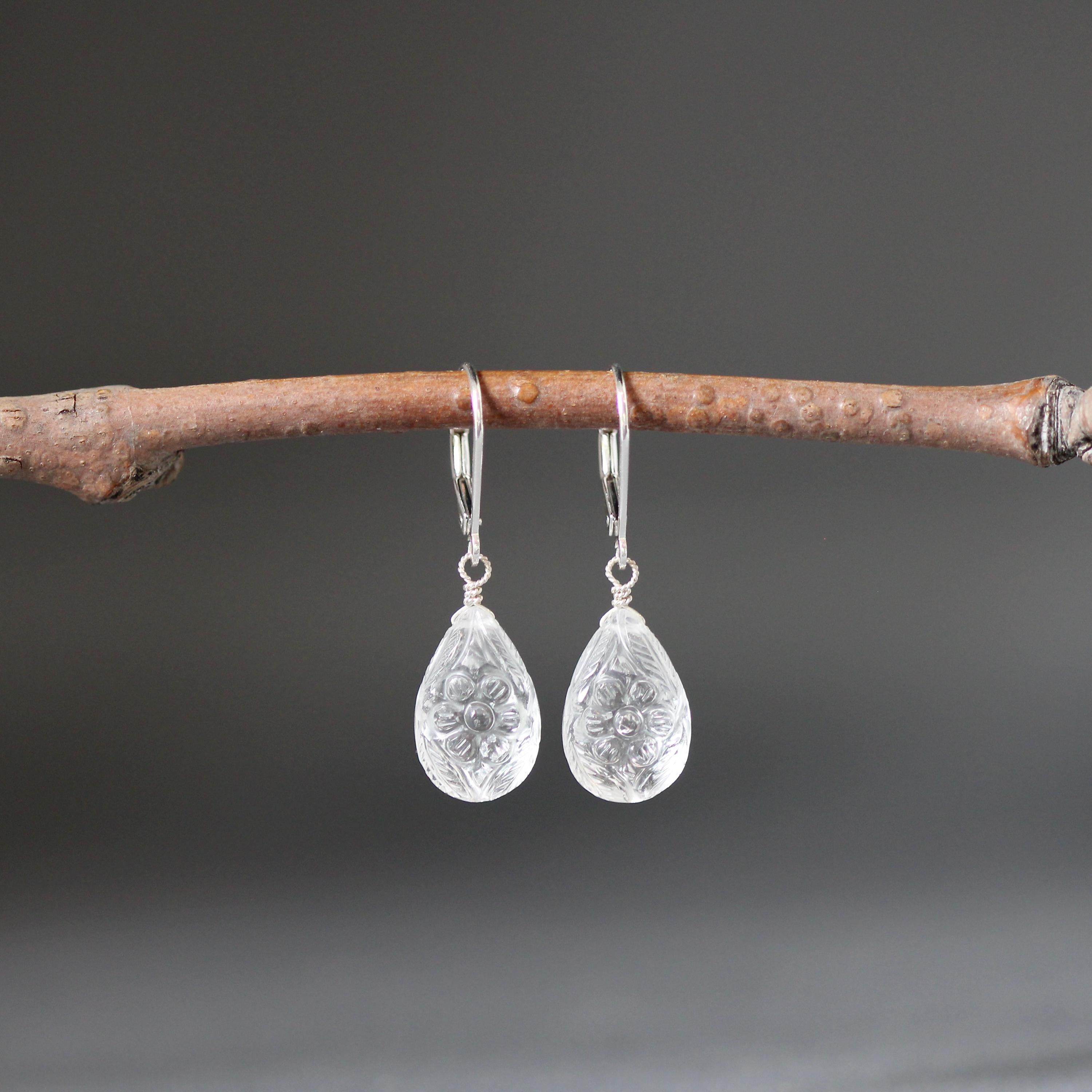 Carved Clear Quartz Crystal Teardrop Earrings in Sterling Silver