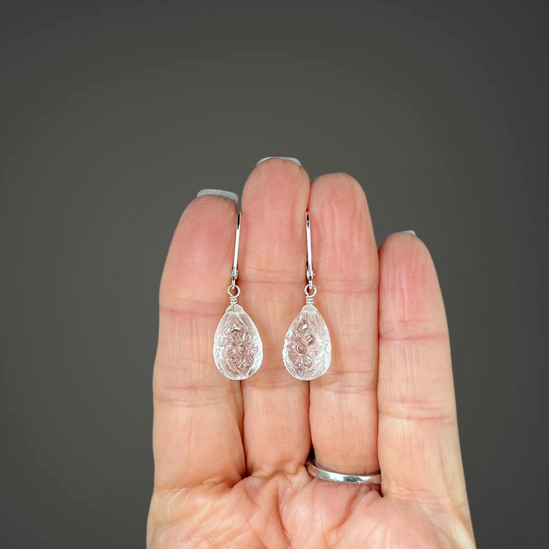 Carved Clear Quartz Crystal Teardrop Earrings in Sterling Silver