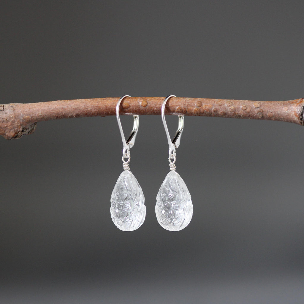 Carved Clear Quartz Crystal Teardrop Earrings in Sterling Silver
