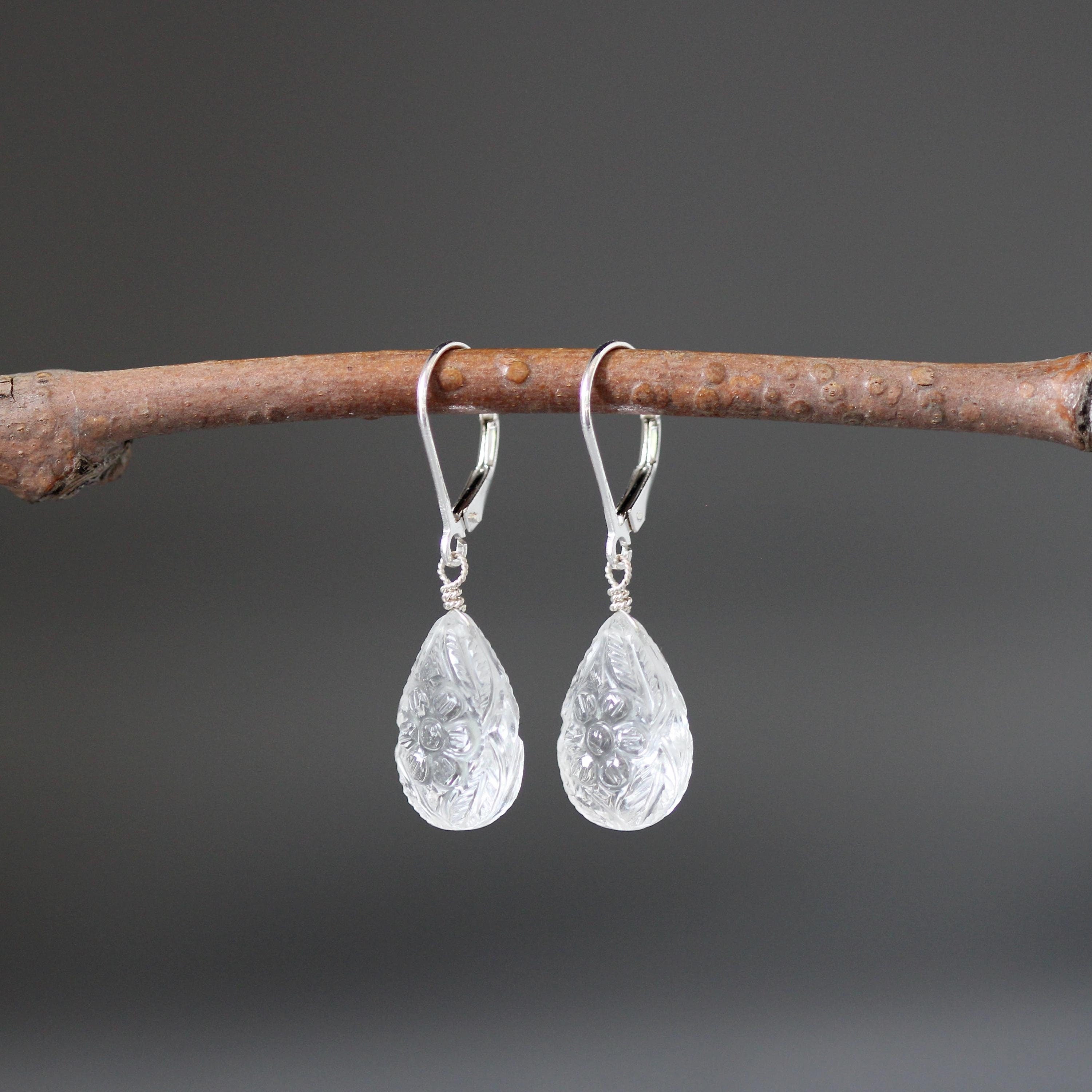 Carved Clear Quartz Crystal Teardrop Earrings in Sterling Silver