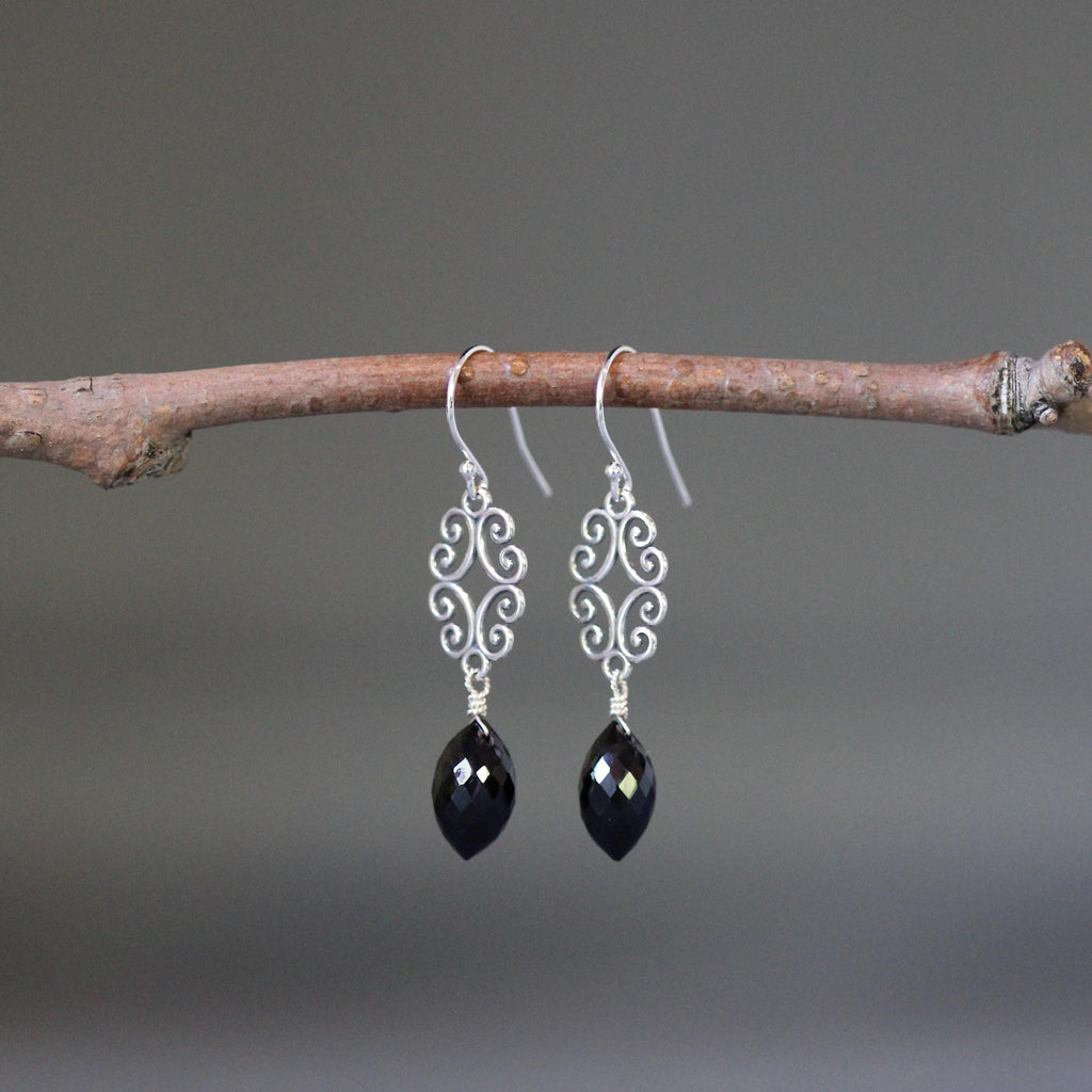 Black Spinel and Bali Sterling Silver Filigree Chandelier Earrings