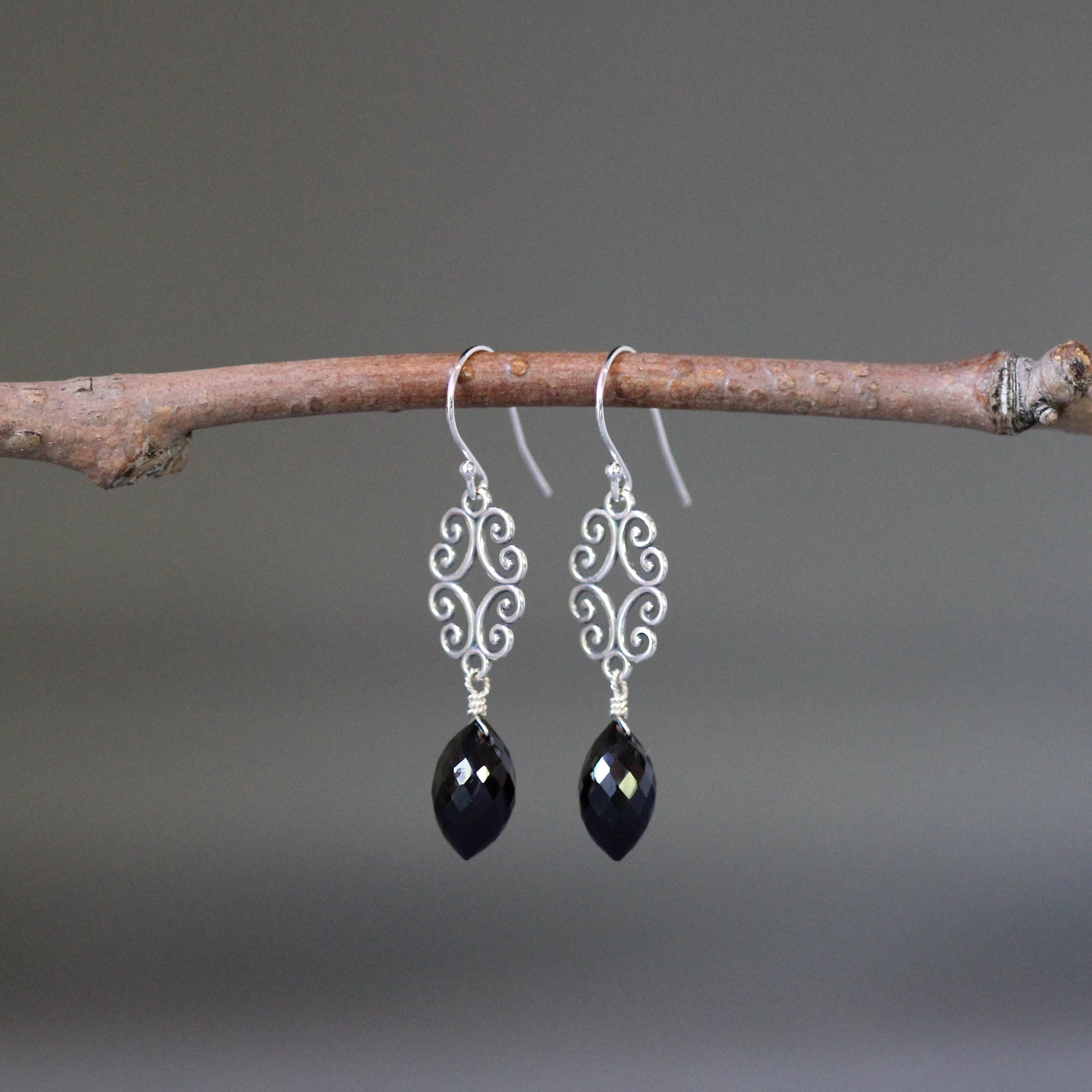 Black Spinel and Bali Sterling Silver Filigree Chandelier Earrings