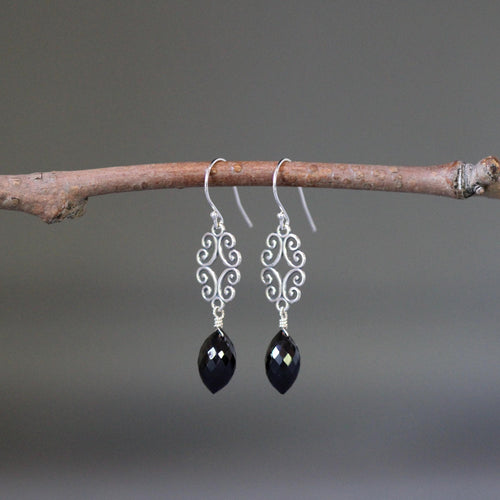 Black Spinel and Bali Sterling Silver Filigree Chandelier Earrings