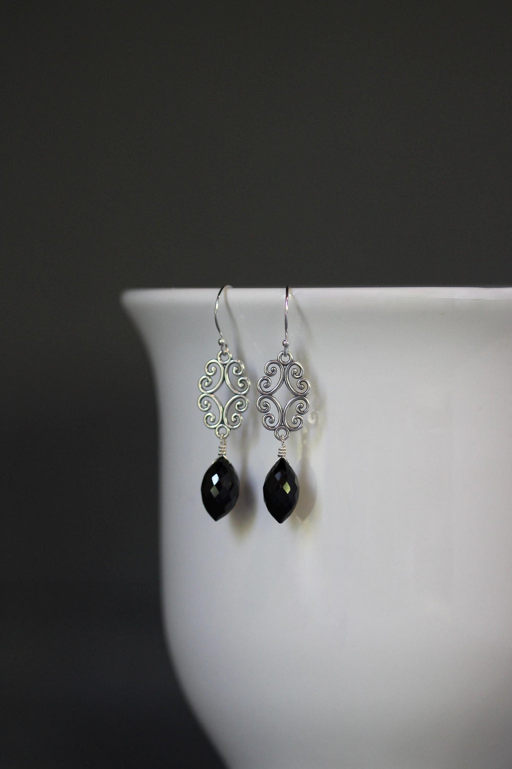 Black Spinel and Bali Sterling Silver Filigree Chandelier Earrings