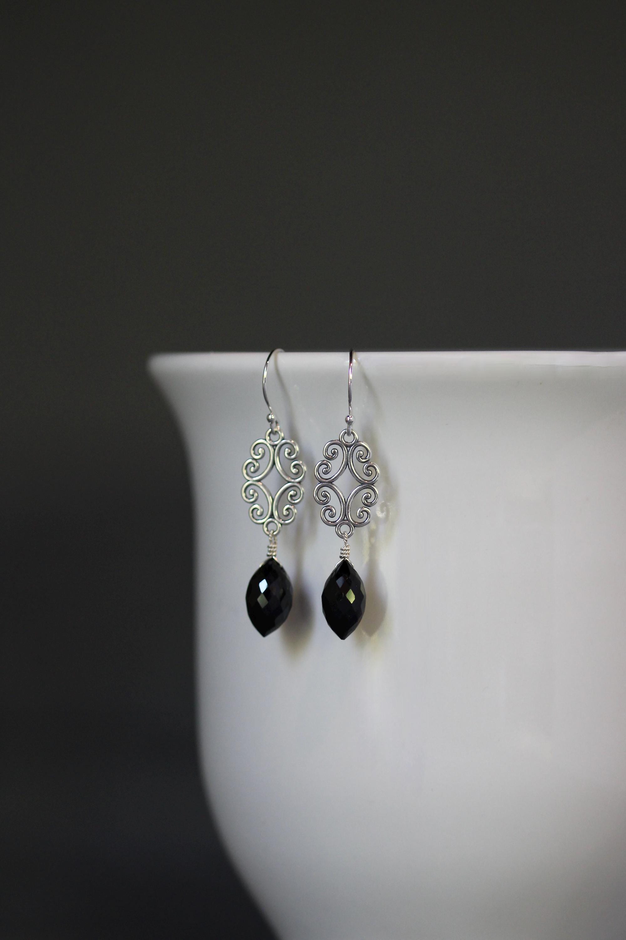 Black Spinel and Bali Sterling Silver Filigree Chandelier Earrings