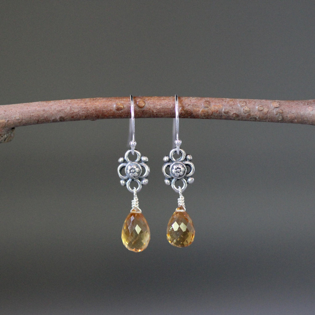 Citrine Briolette and Sterling Silver Bali Link Dangle Earrings