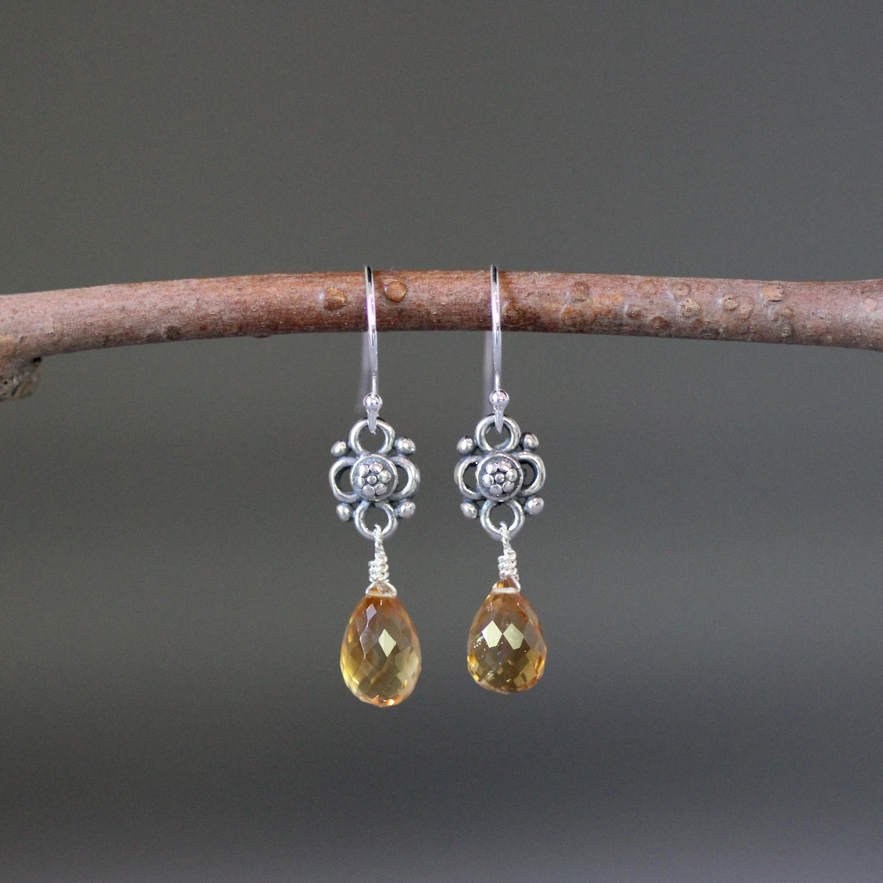 Citrine Briolette and Sterling Silver Bali Link Dangle Earrings
