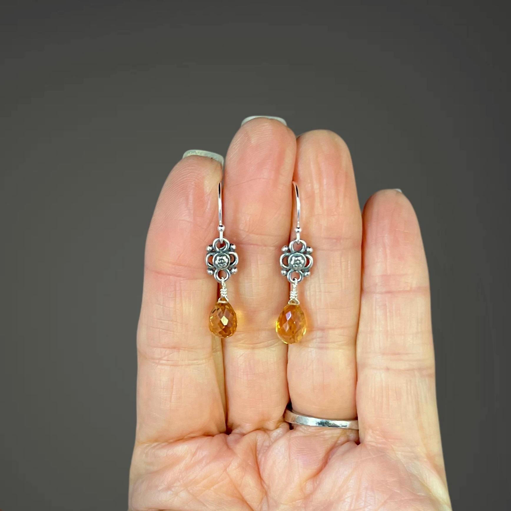 Citrine Briolette and Sterling Silver Bali Link Dangle Earrings