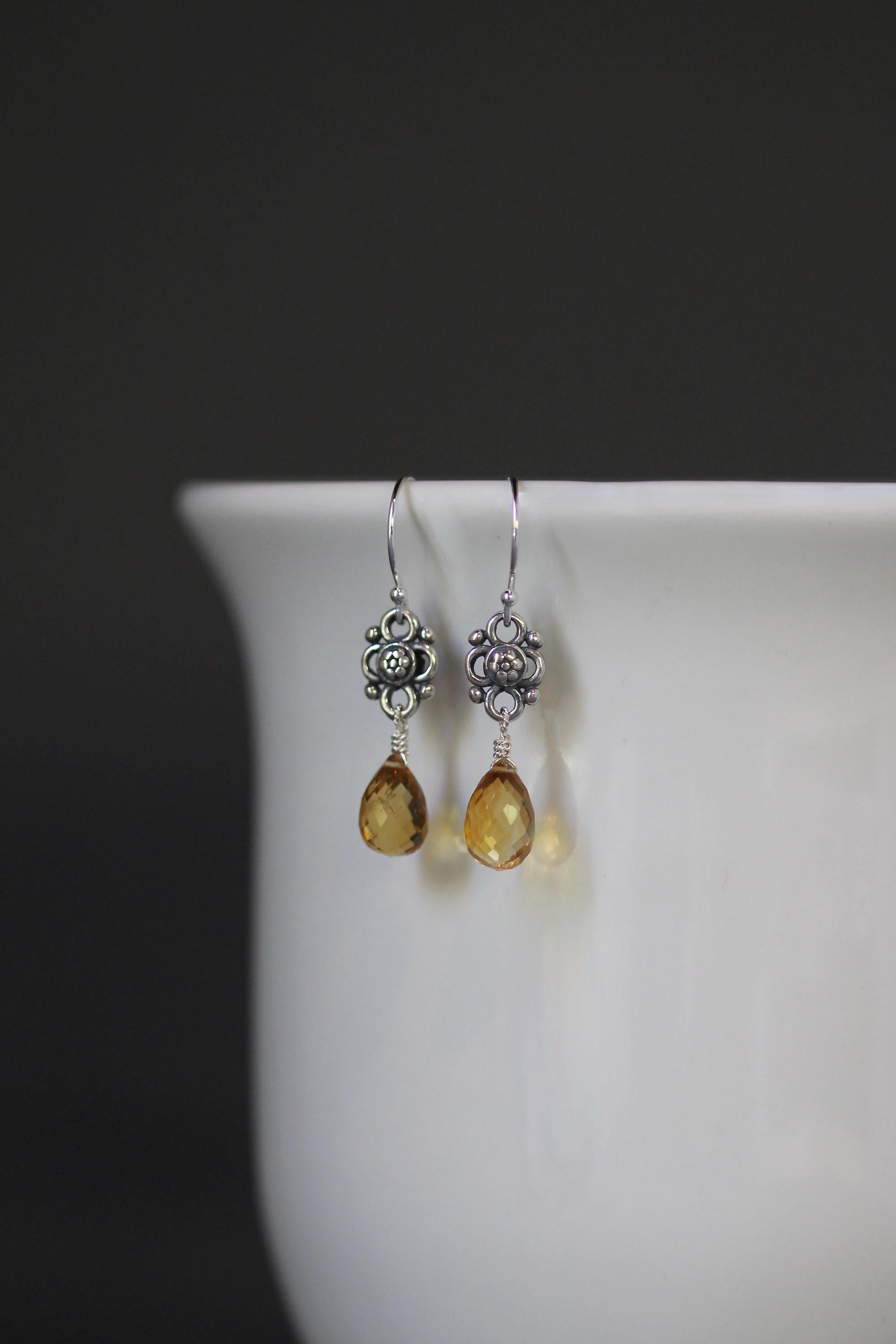 Citrine Briolette and Sterling Silver Bali Link Dangle Earrings