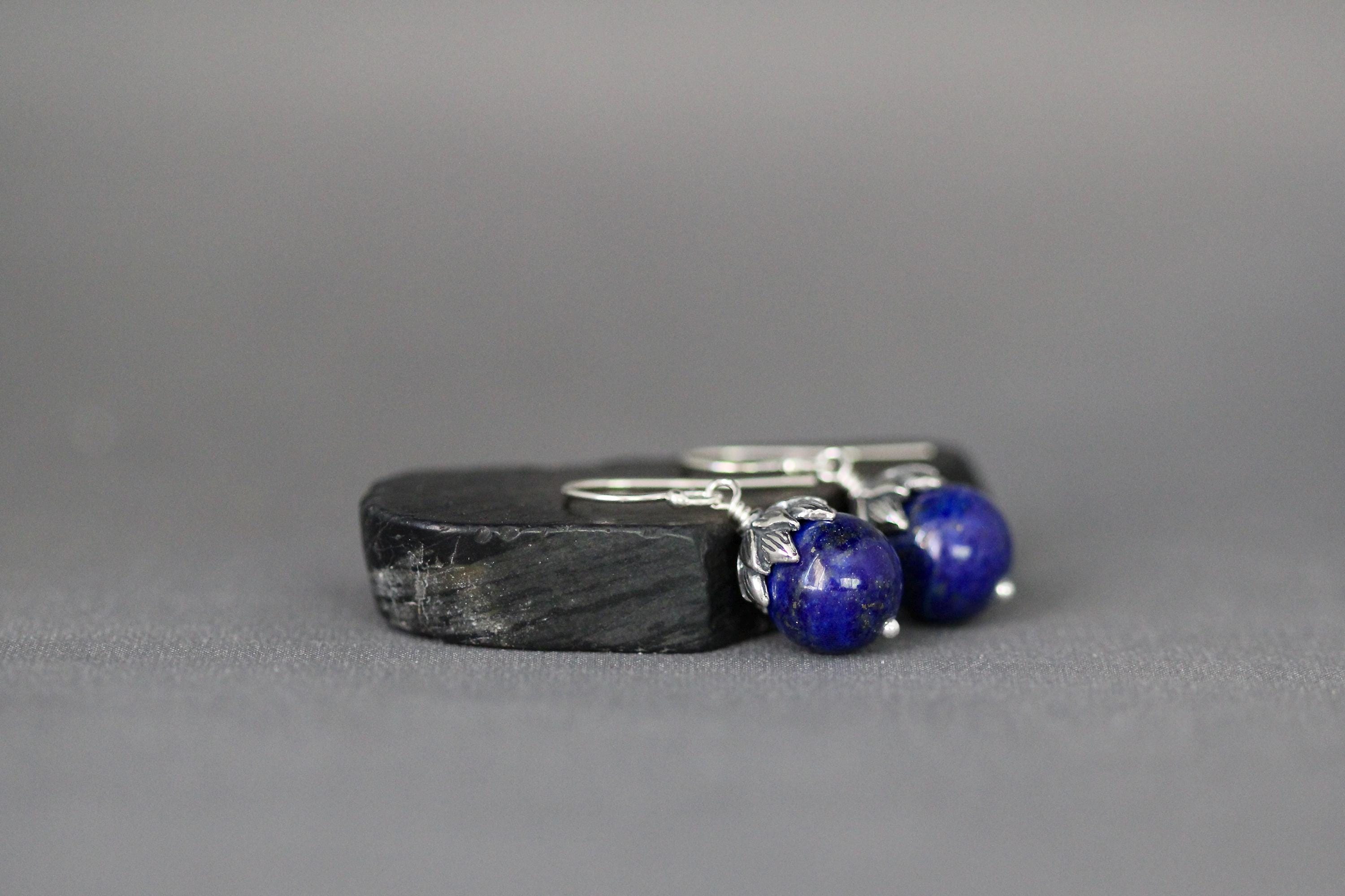 Lapis Lazuli and Bali Sterling Silver Dangle Earrings with Silver Caps