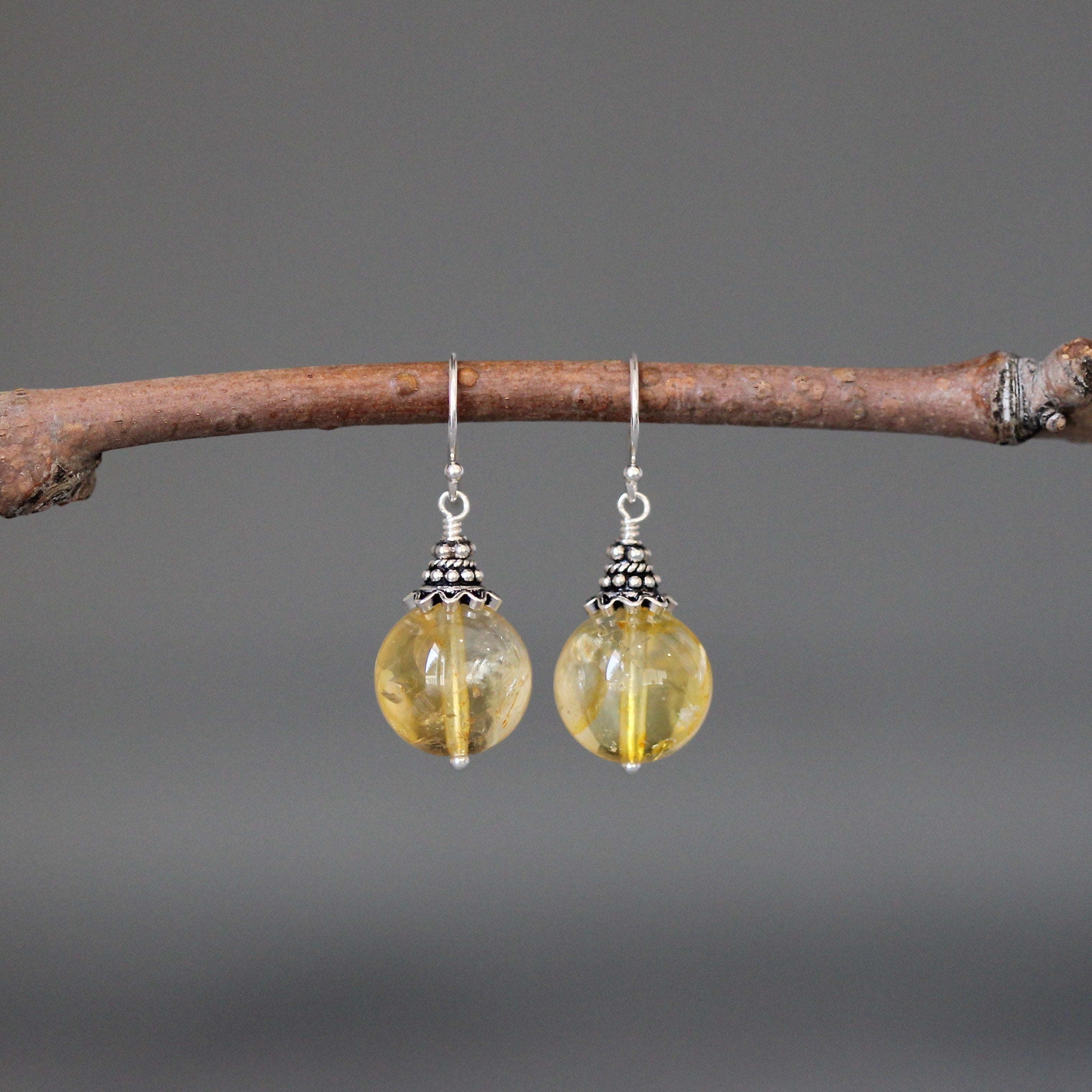 Citrine and Bali Sterling Silver Dangle Earrings with Silver Caps