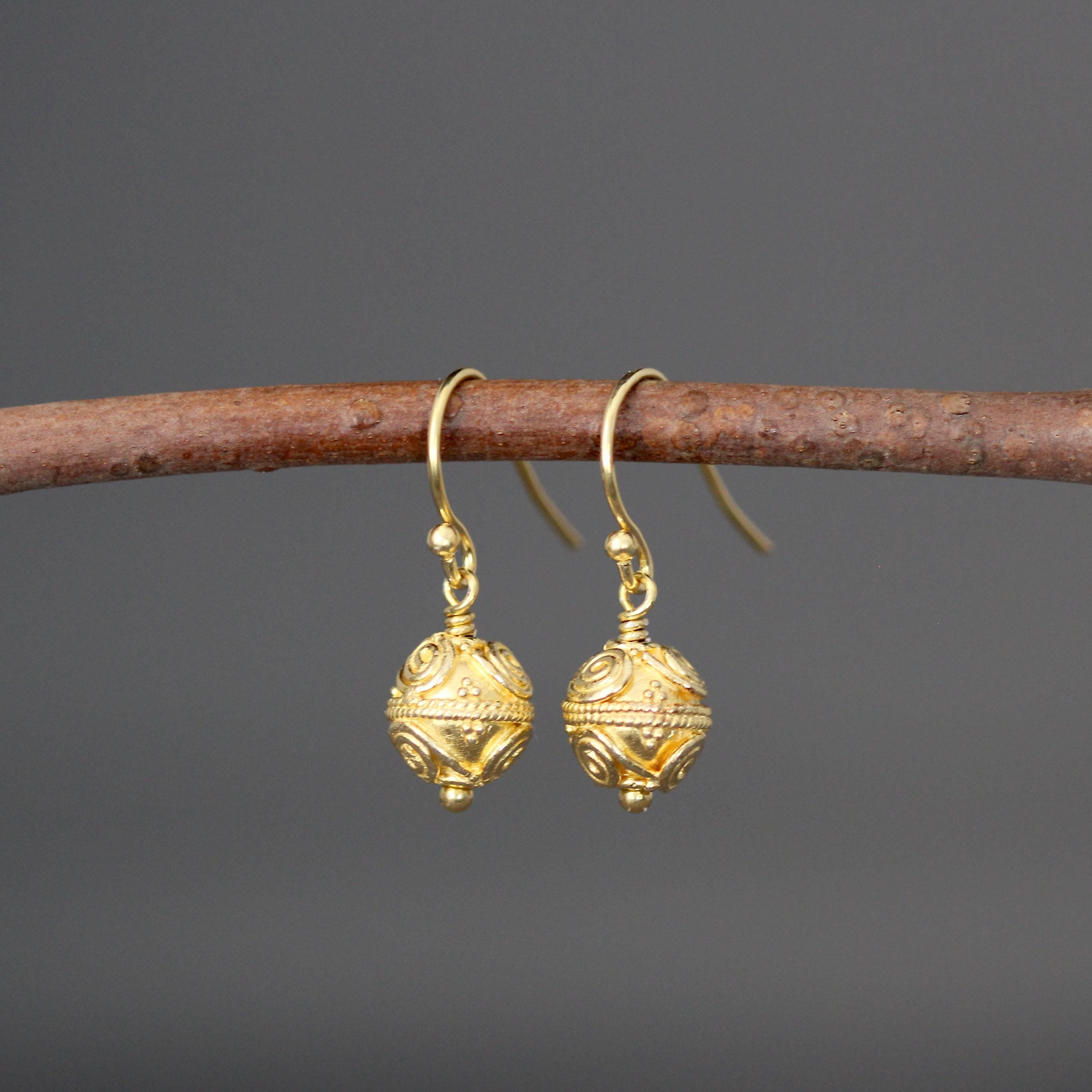 Gold Vermeil Bali Filigree Bead Dangle Earrings