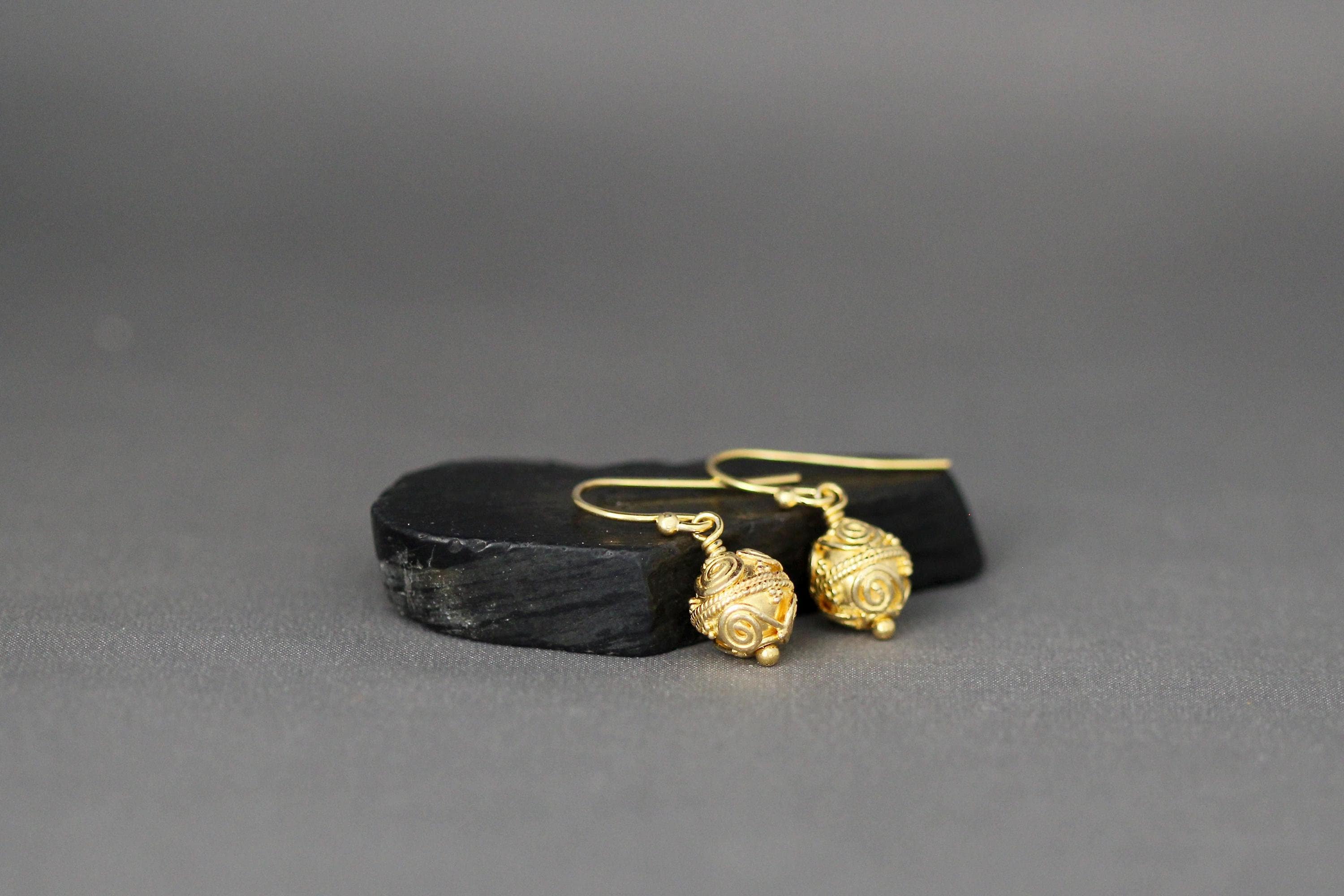 Gold Vermeil Bali Filigree Bead Dangle Earrings