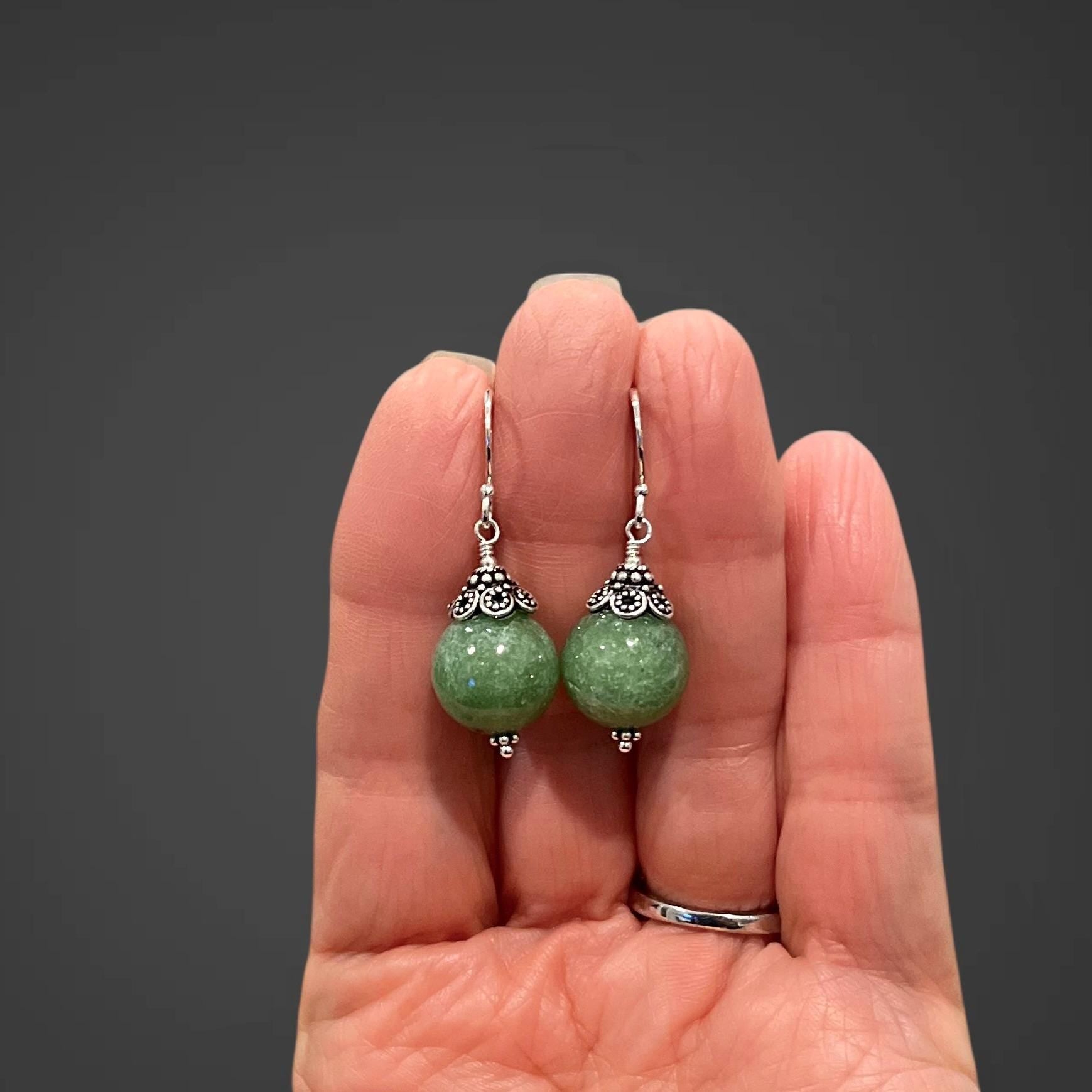 Green Jade Round Stone Dangle Earrings with Sterling Silver Caps