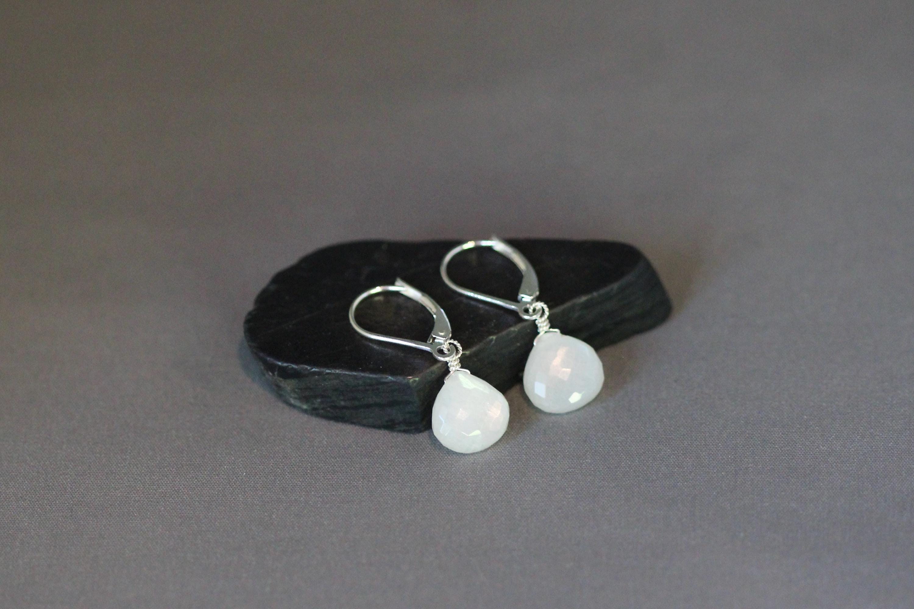 White Moonstone Teardrop Earrings on Sterling Silver Leverbacks