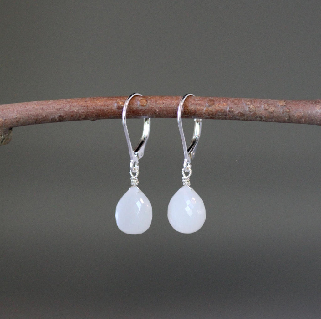 White Moonstone Teardrop Earrings on Sterling Silver Leverbacks