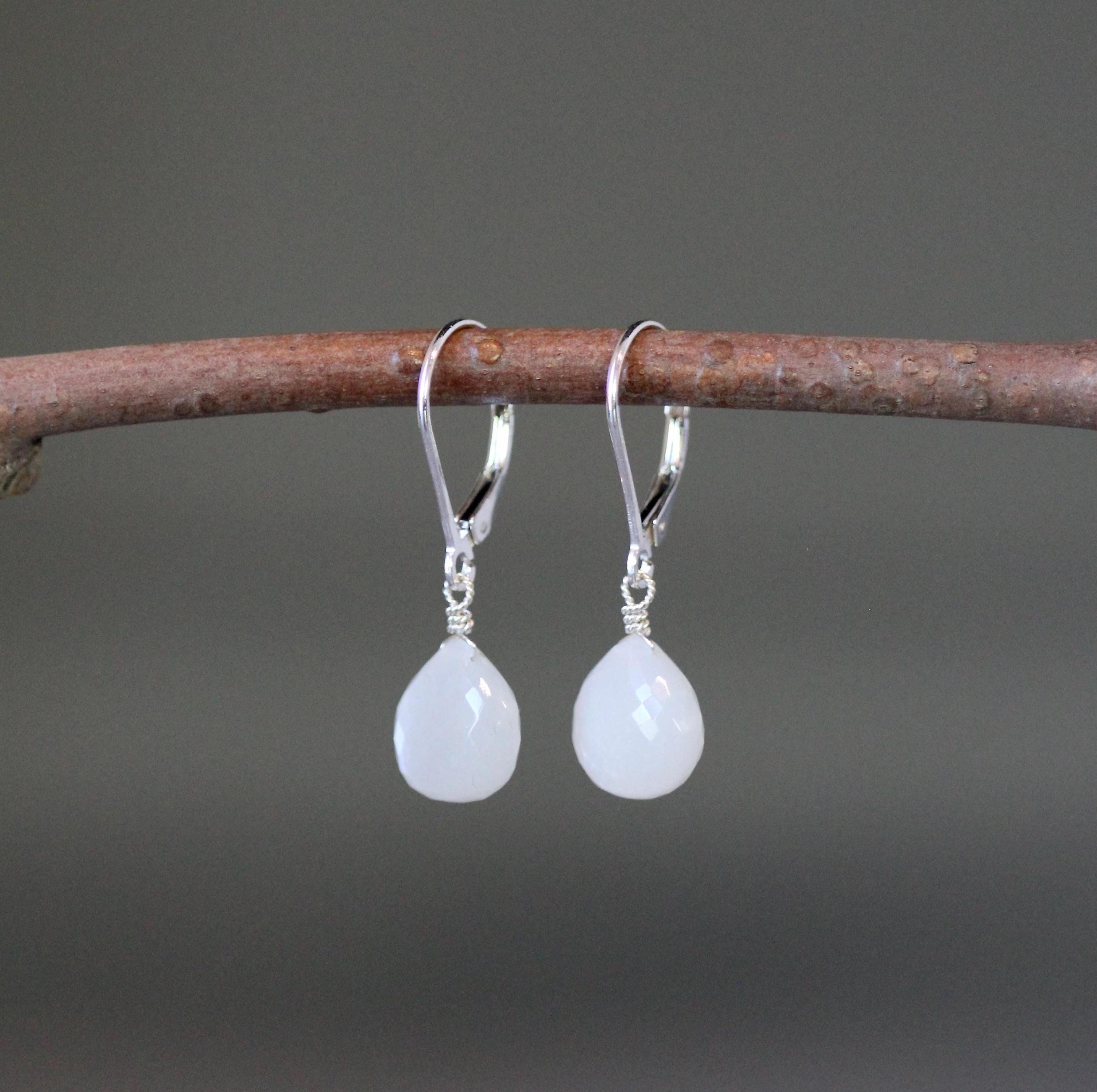 White Moonstone Teardrop Earrings on Sterling Silver Leverbacks