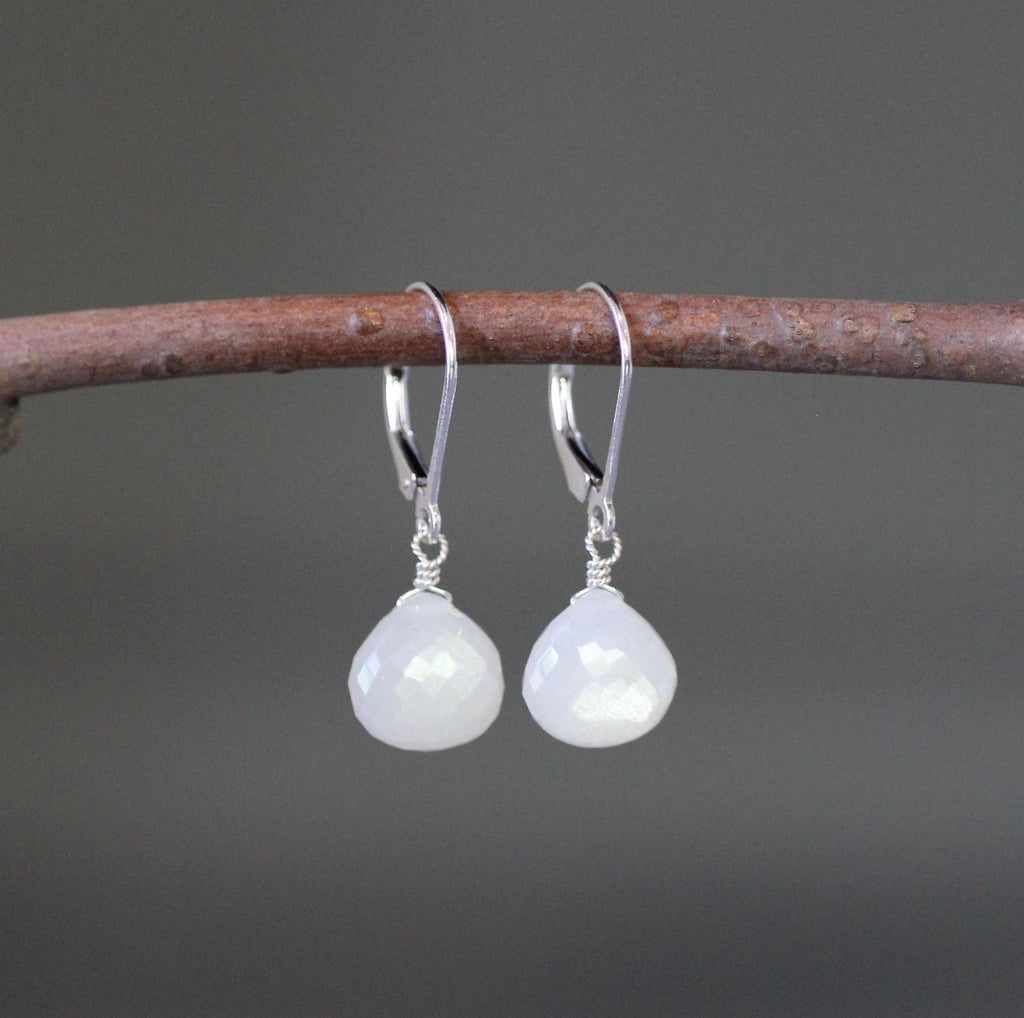 White Moonstone Teardrop Earrings on Sterling Silver Leverbacks