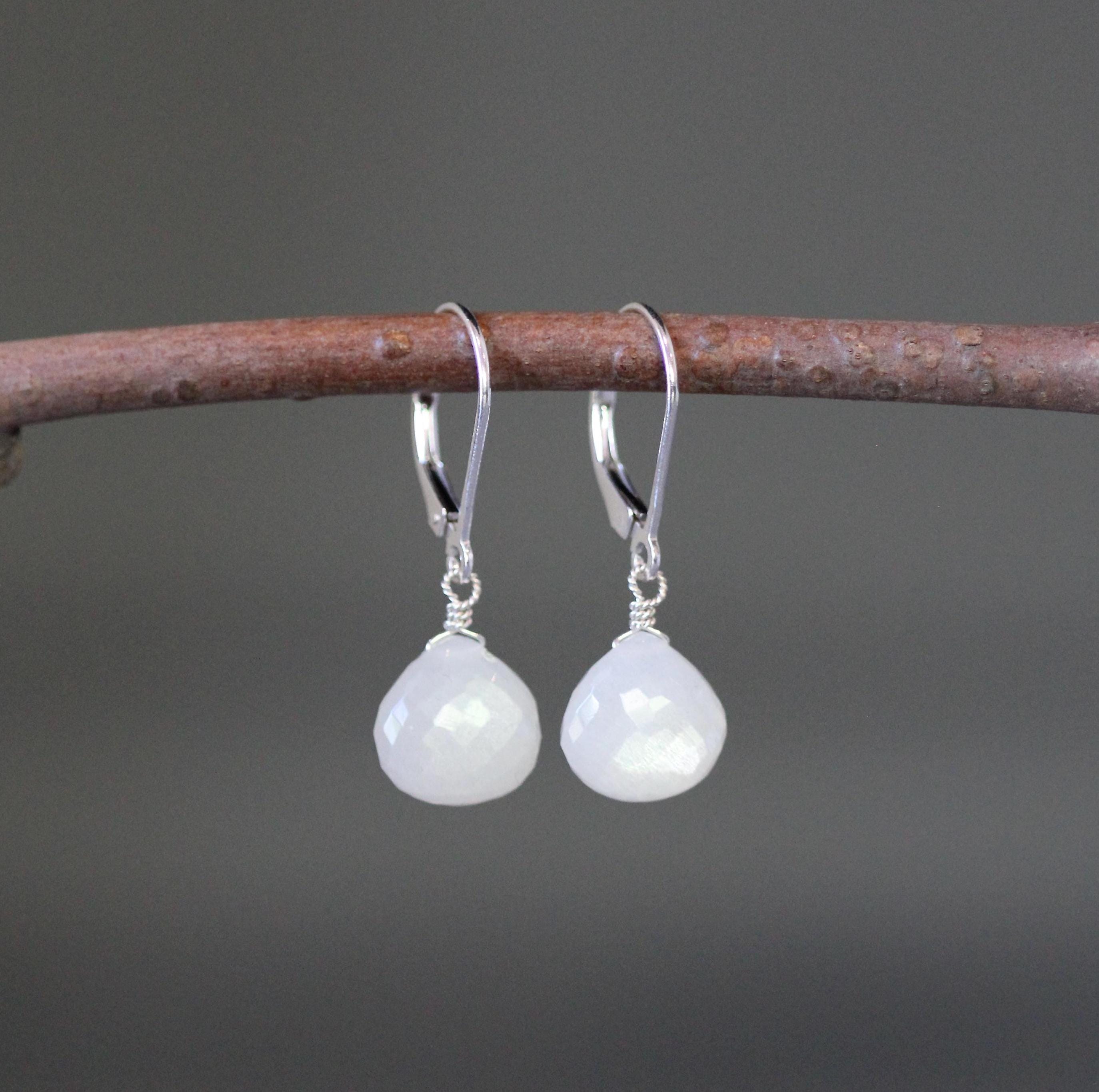White Moonstone Teardrop Earrings on Sterling Silver Leverbacks
