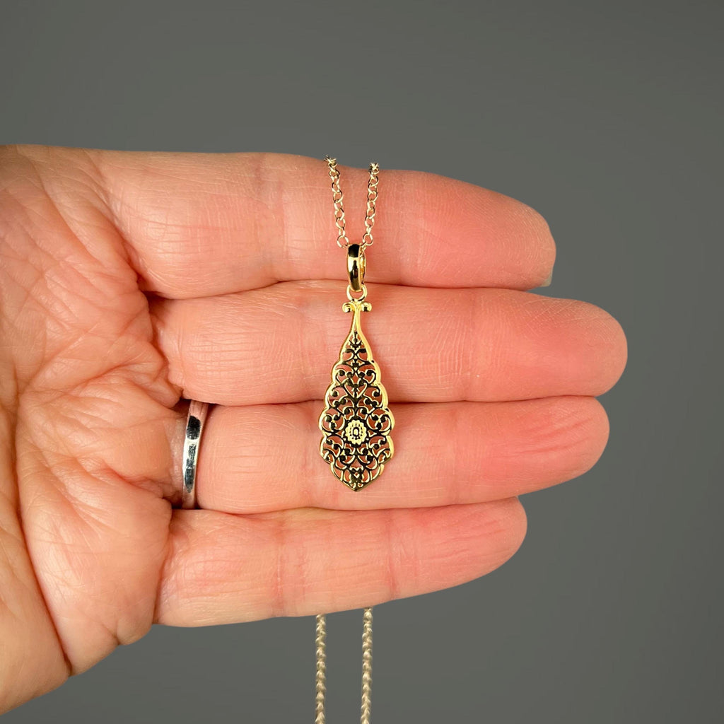 Gold Vermeil Filigree Teardrop Pendant Necklace on Gold Filled Chain