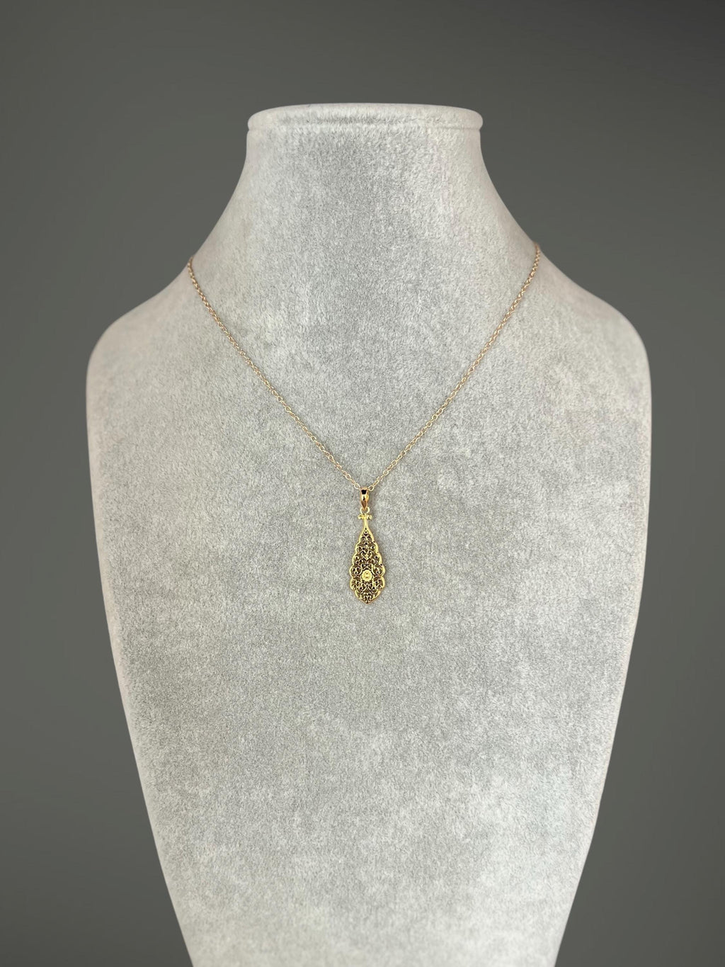 Gold Vermeil Filigree Teardrop Pendant Necklace on Gold Filled Chain
