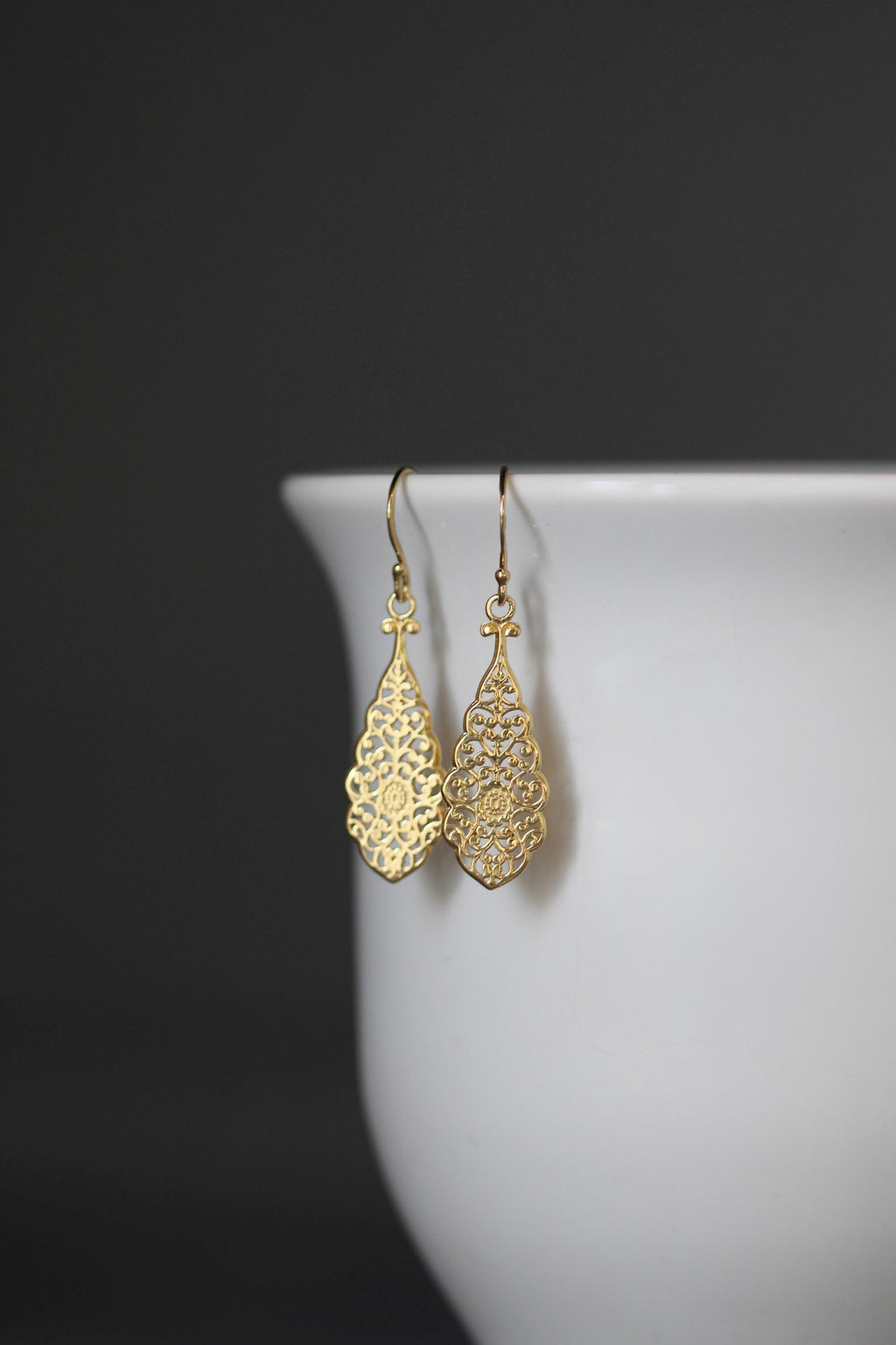 Long Gold Vermeil Filigree Teardrop Dangle Earrings