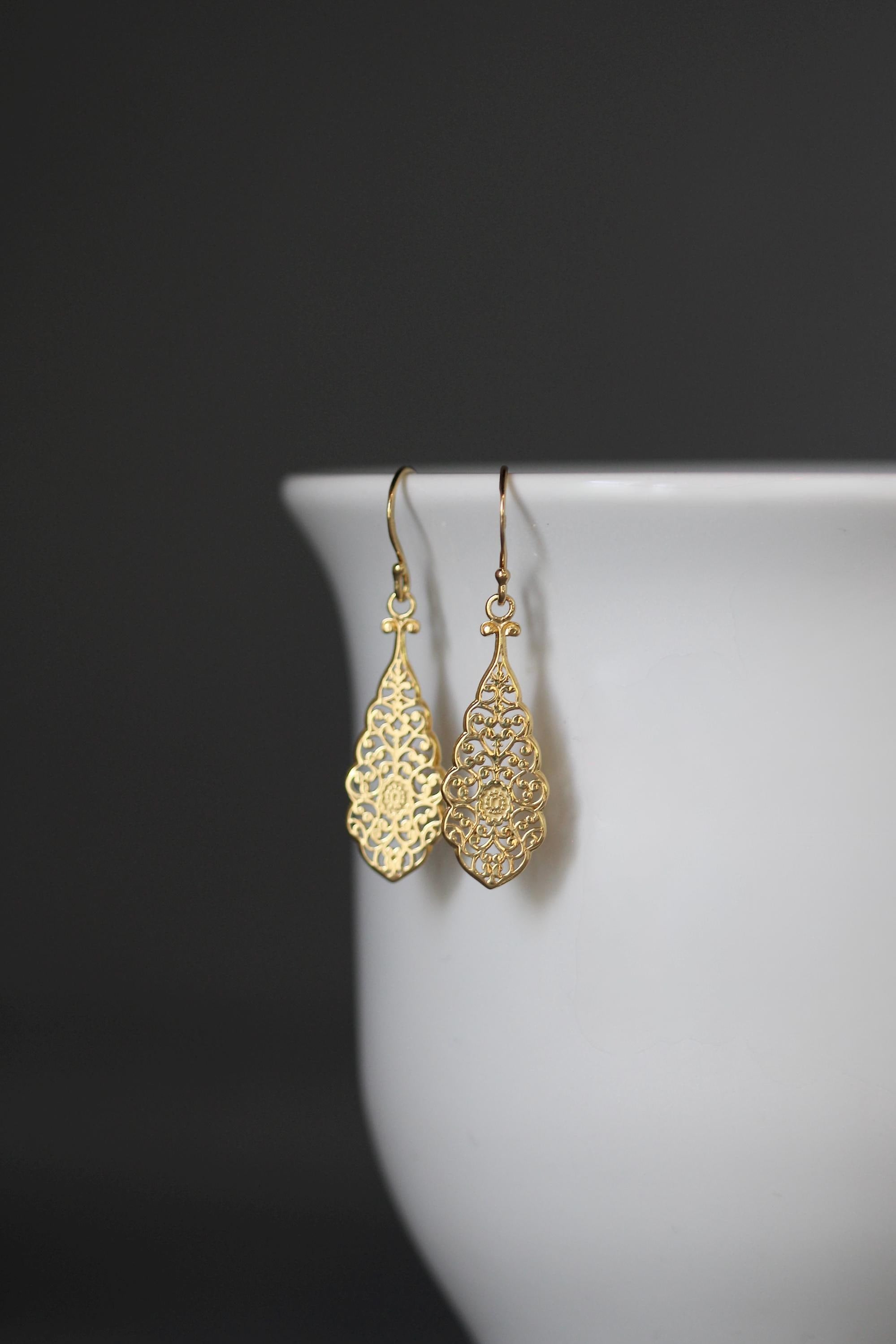 Long Gold Vermeil Filigree Teardrop Dangle Earrings