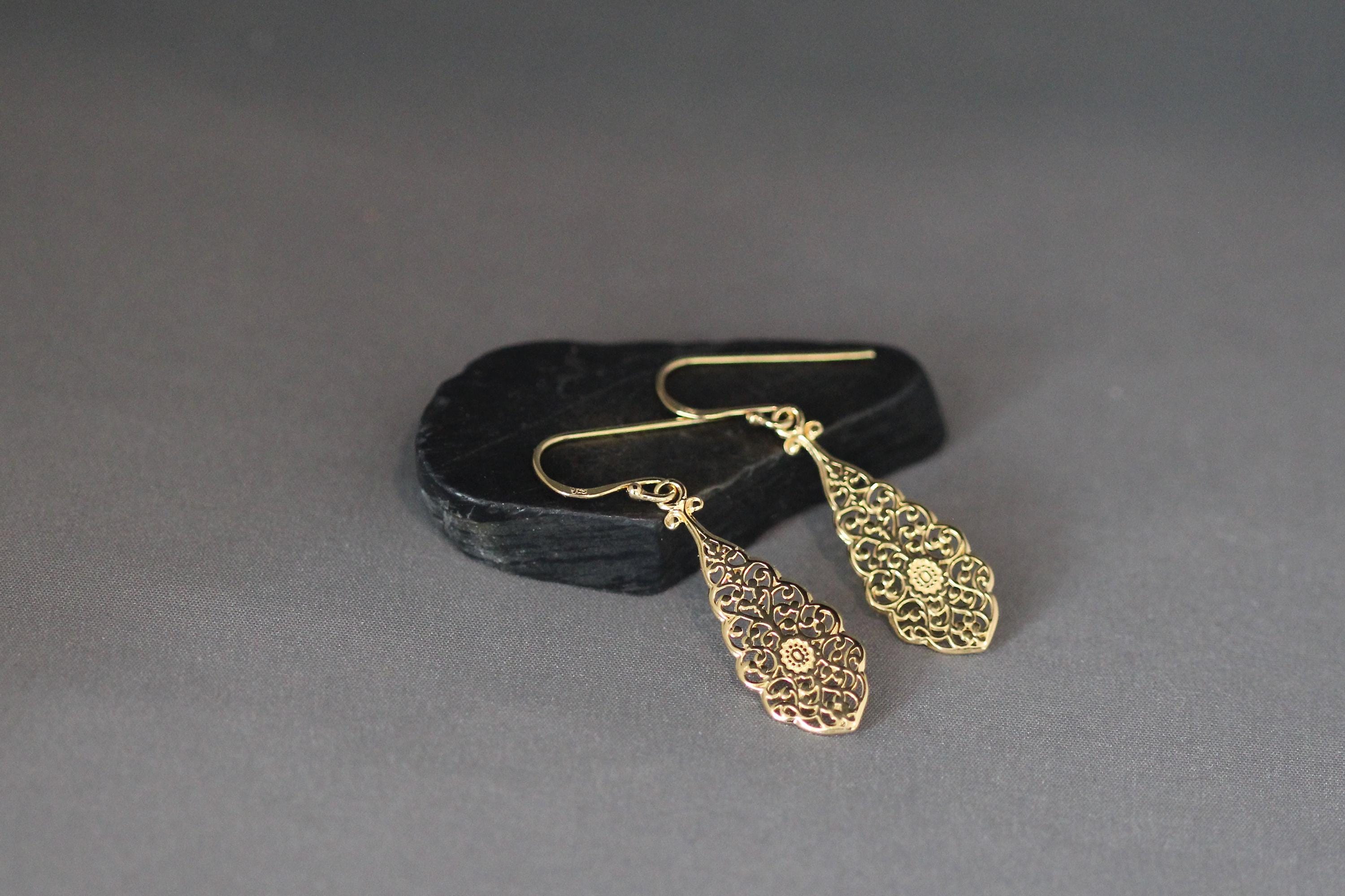 Long Gold Vermeil Filigree Teardrop Dangle Earrings