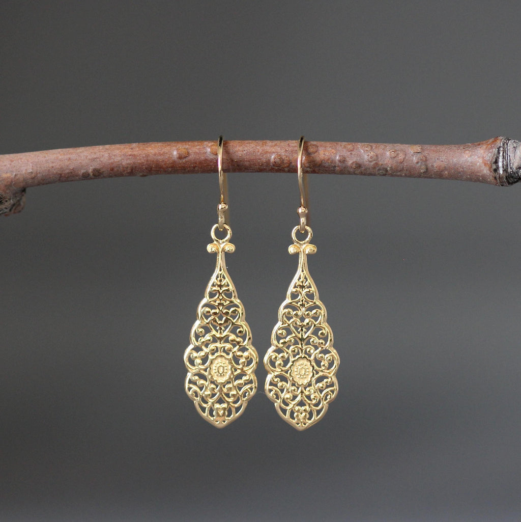 Long Gold Vermeil Filigree Teardrop Dangle Earrings