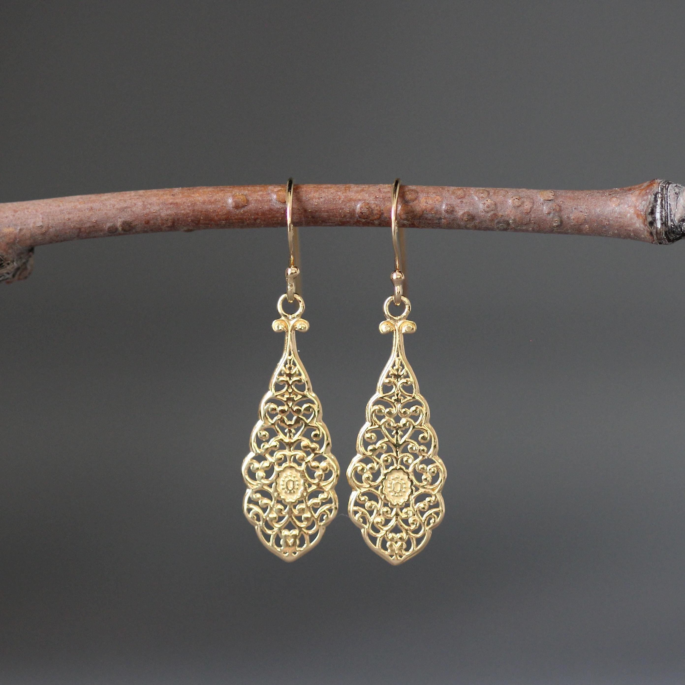 Long Gold Vermeil Filigree Teardrop Dangle Earrings
