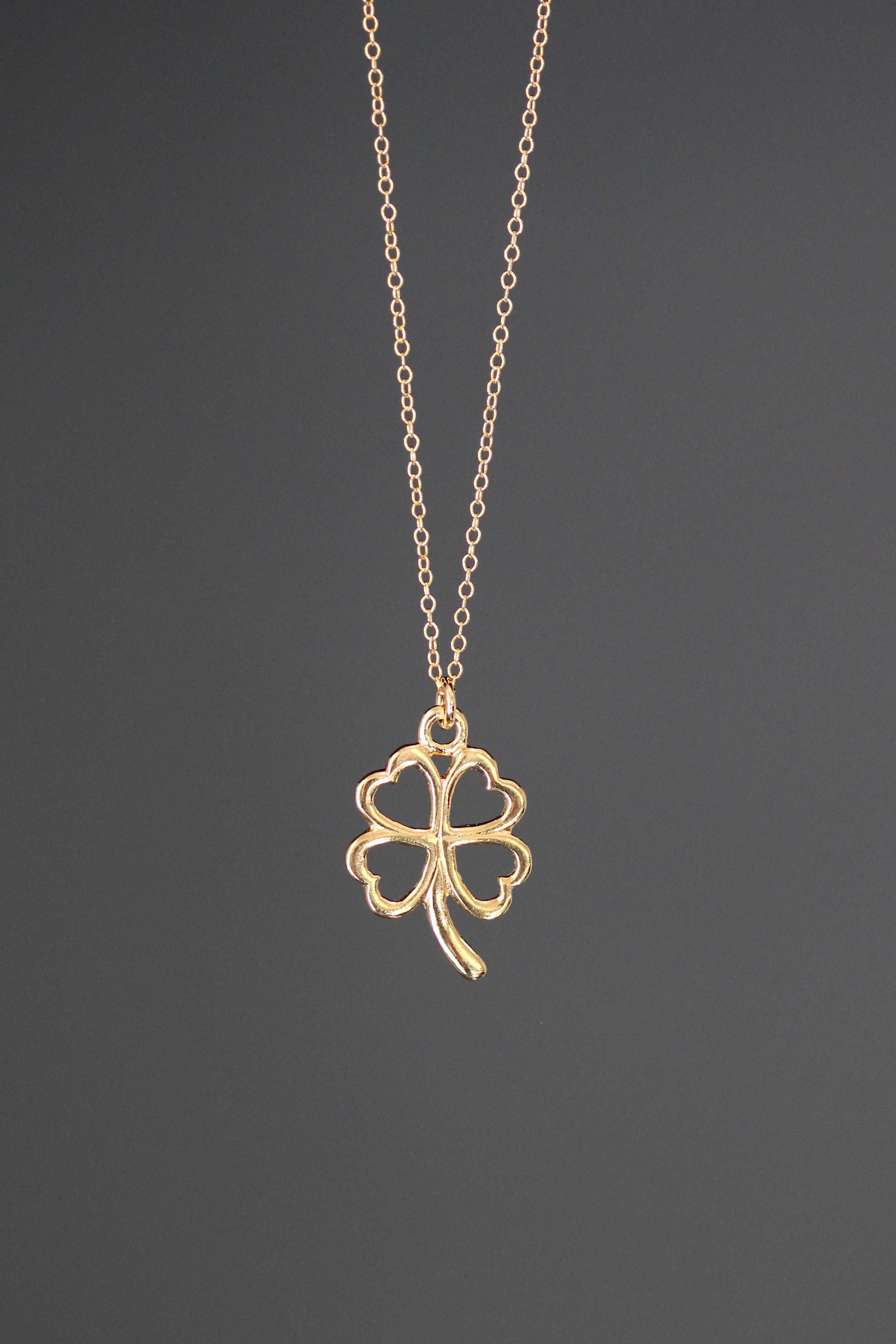 Gold Vermeil Four-Leaf Clover and Heart Charm Pendant Necklace on Gold Filled Chain