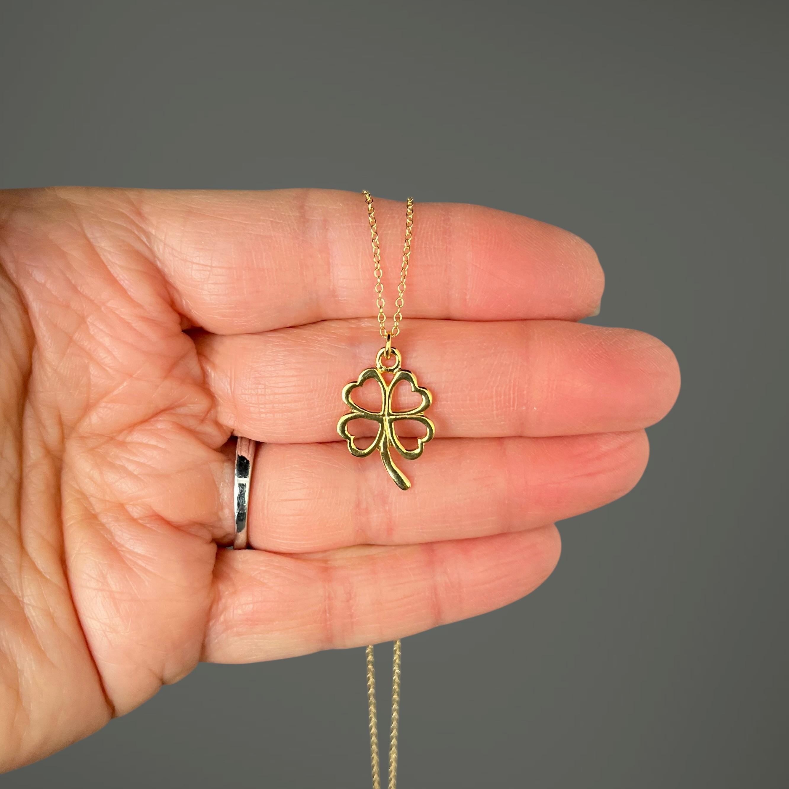 Gold Vermeil Four-Leaf Clover and Heart Charm Pendant Necklace on Gold Filled Chain