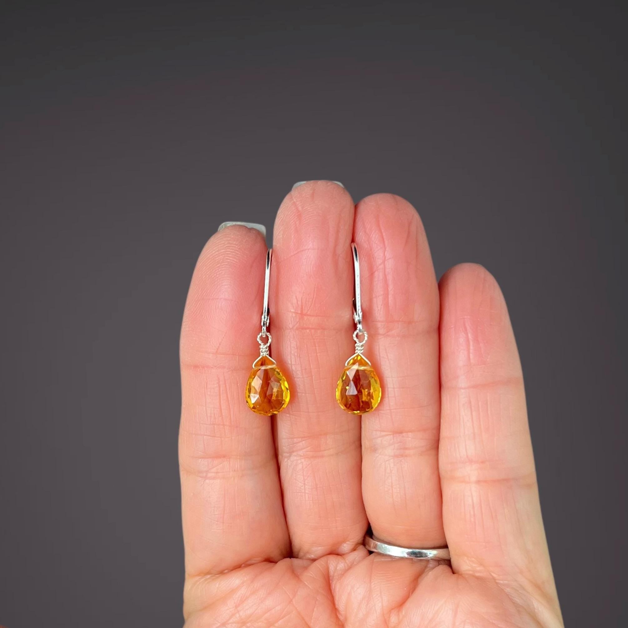Citrine Quartz Teardrop Dangle Earrings on Sterling Silver Leverbacks