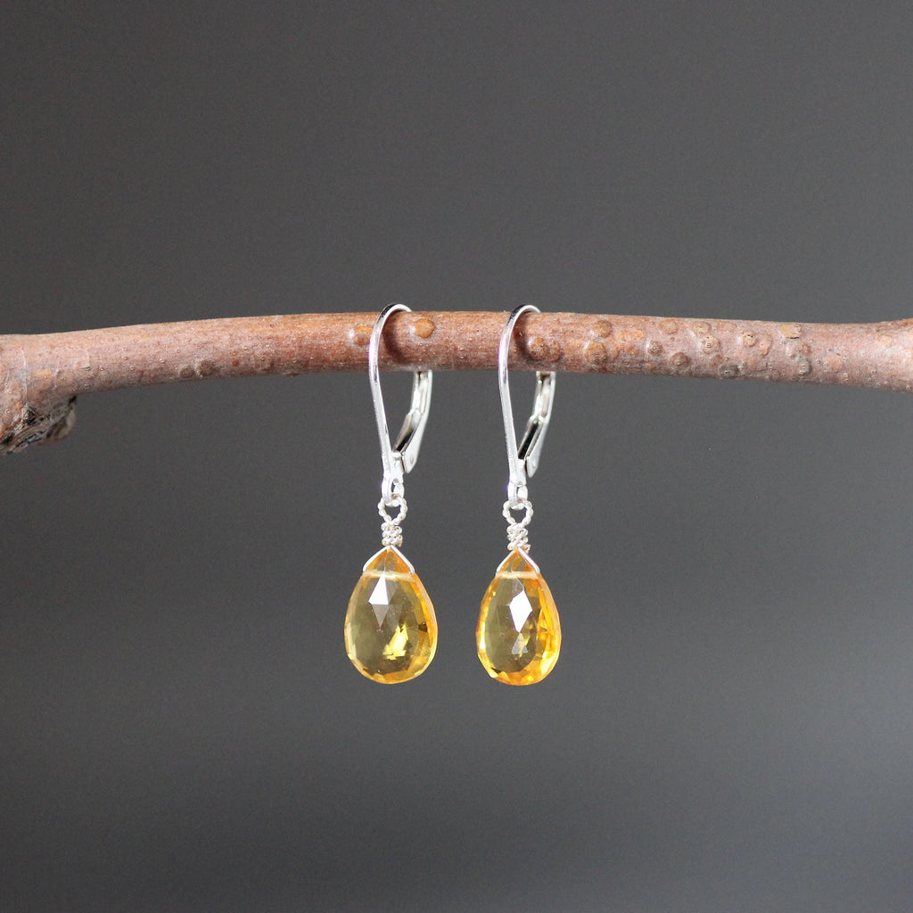 Citrine Quartz Teardrop Dangle Earrings on Sterling Silver Leverbacks