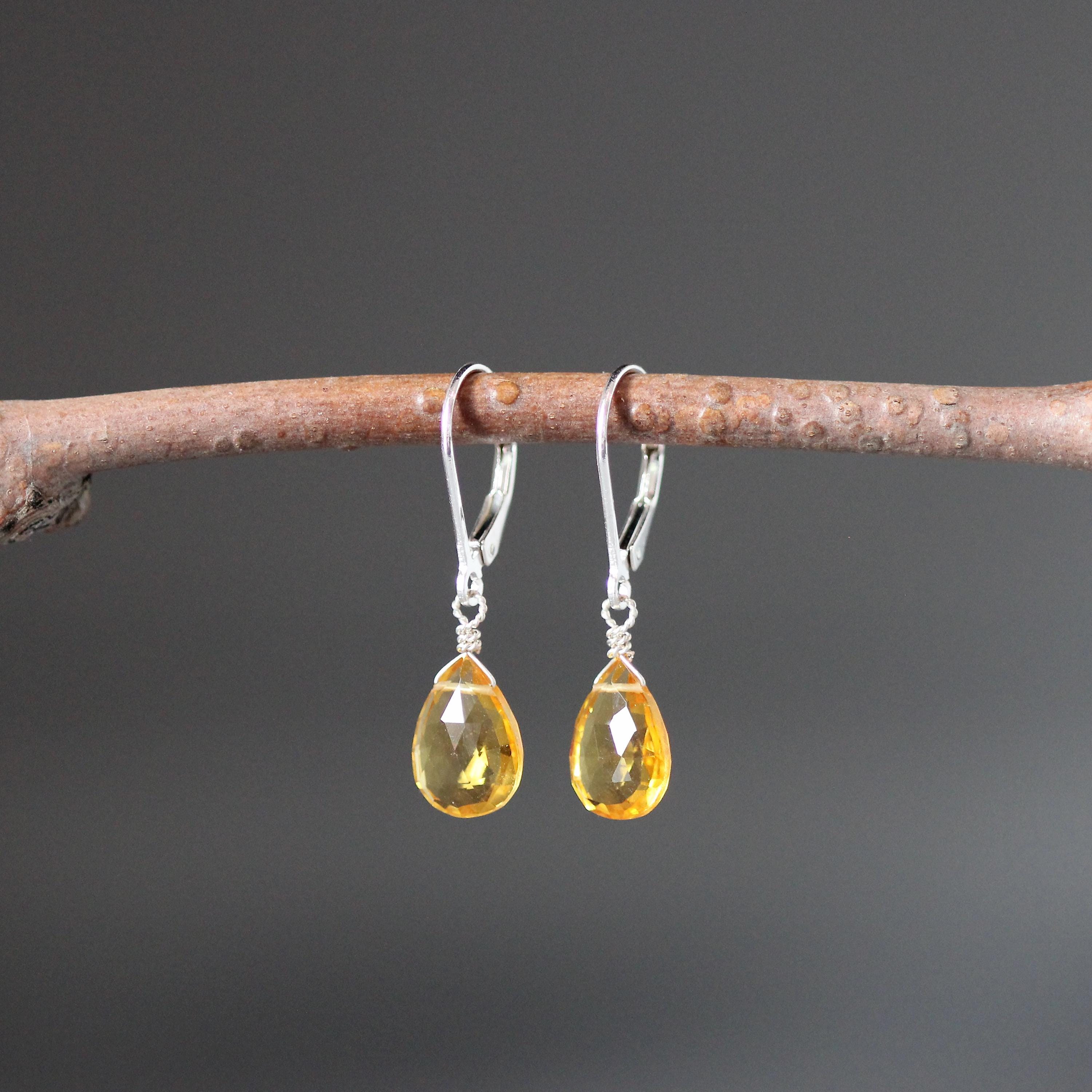 Citrine Quartz Teardrop Dangle Earrings on Sterling Silver Leverbacks