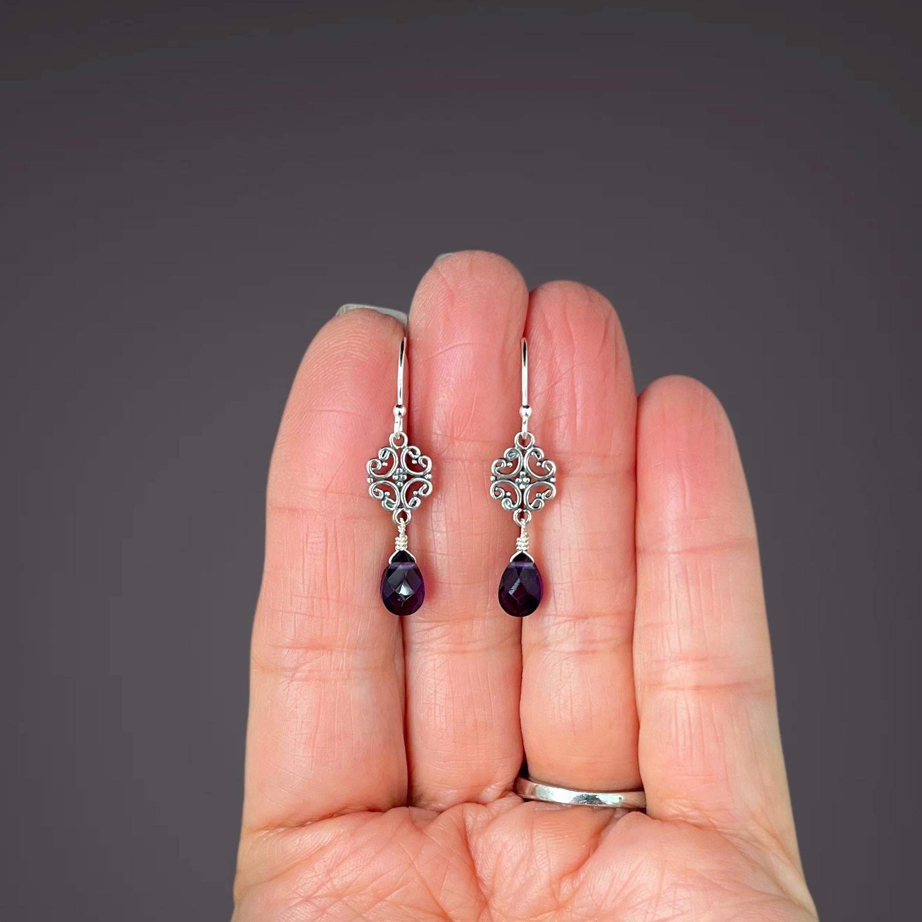 Amethyst and Sterling Silver Bali Filigree Dangle Earrings