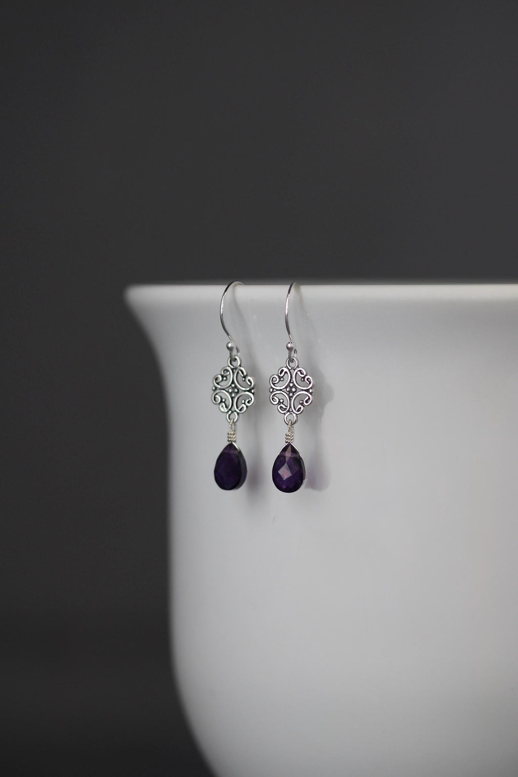Amethyst and Sterling Silver Bali Filigree Dangle Earrings