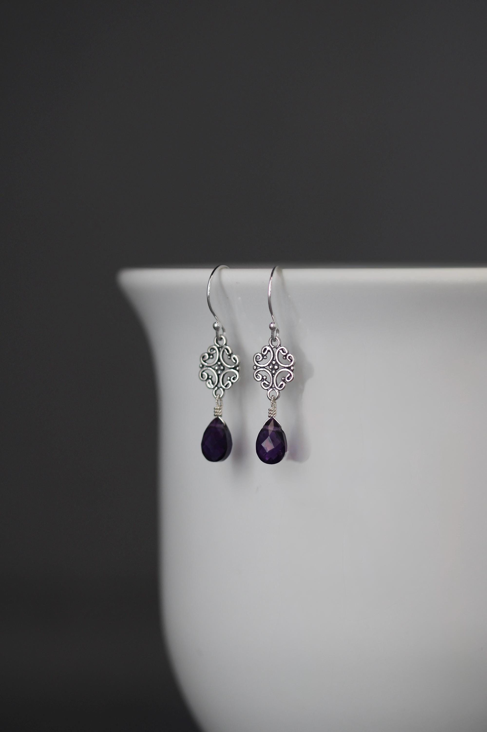 Amethyst and Sterling Silver Bali Filigree Dangle Earrings