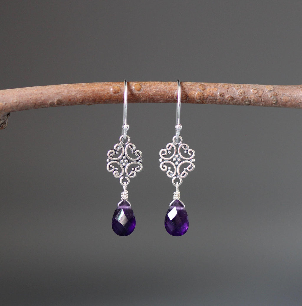 Amethyst and Sterling Silver Bali Filigree Dangle Earrings