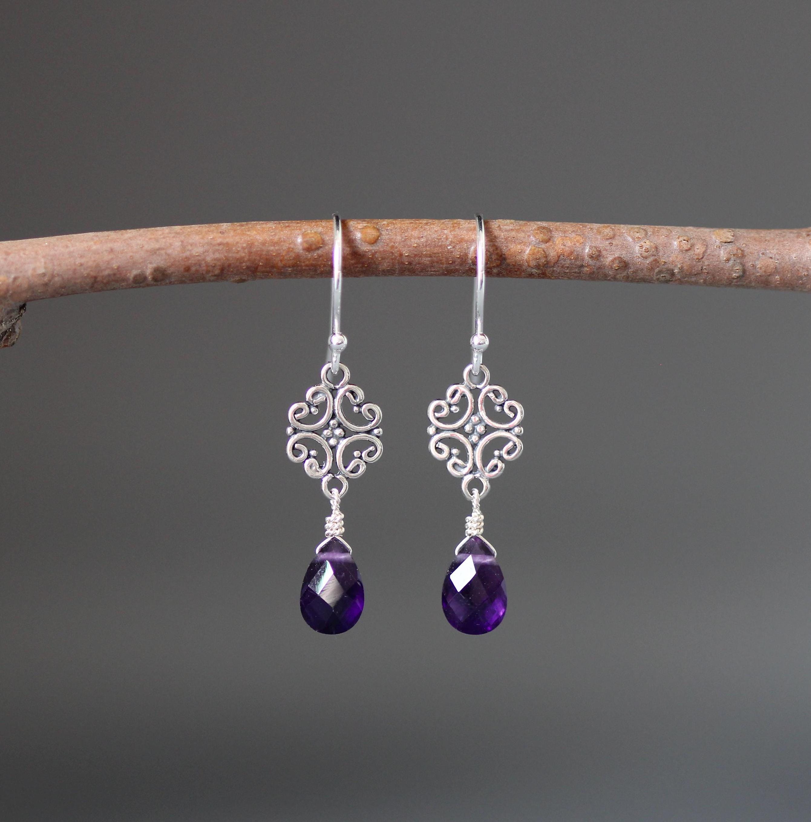 Amethyst and Sterling Silver Bali Filigree Dangle Earrings