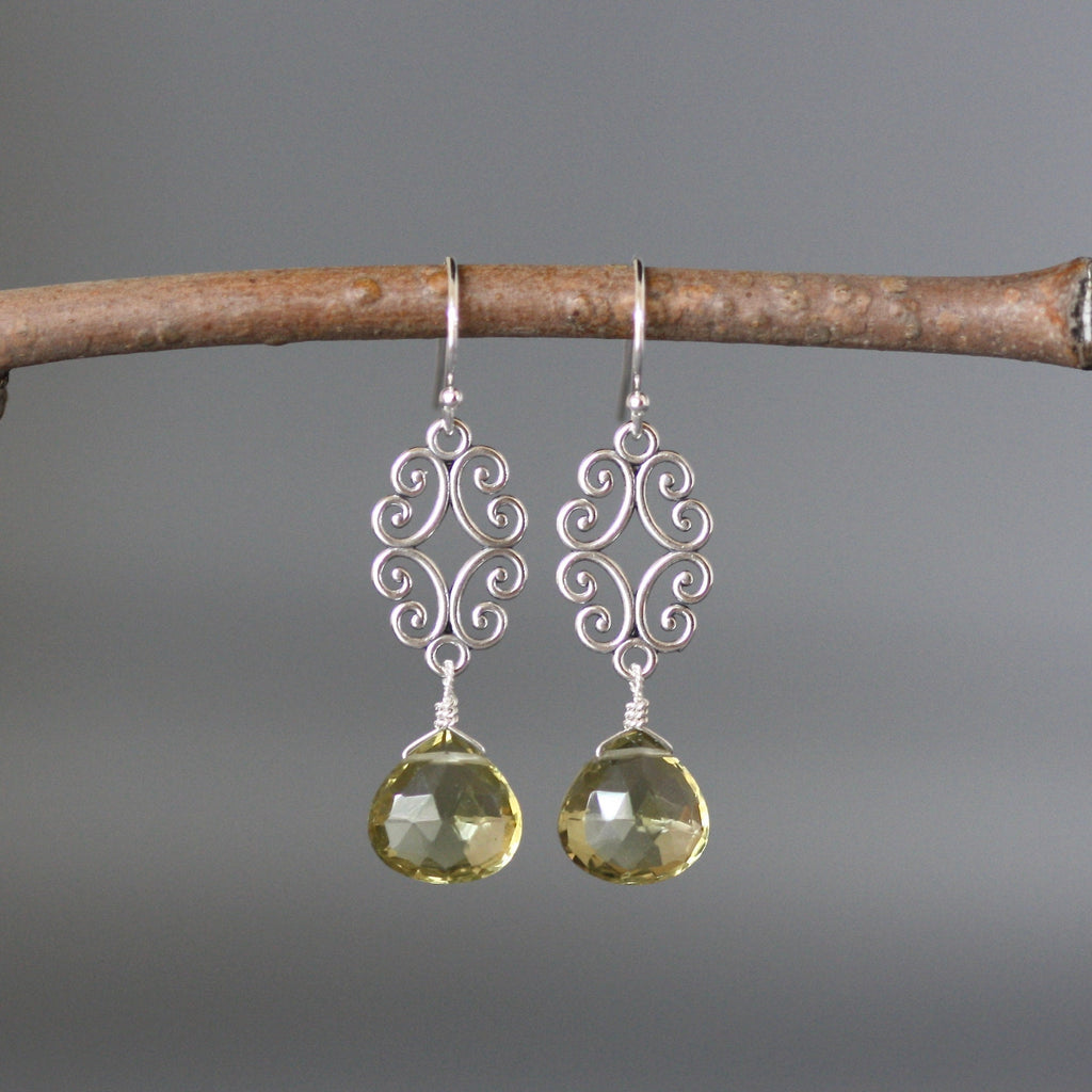 Olive Green Quartz and Bali Sterling Silver Filigree Chandelier Earrings