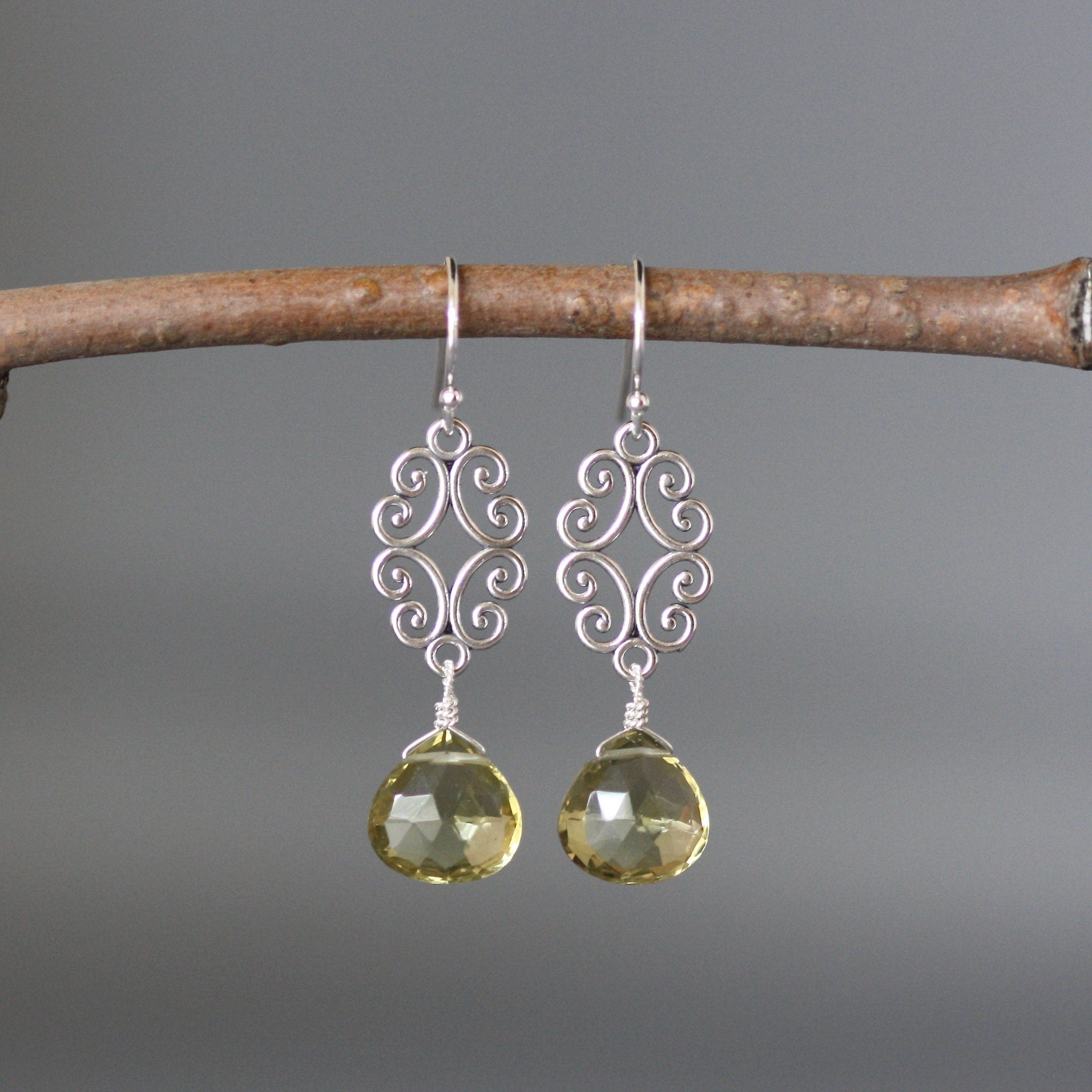 Olive Green Quartz and Bali Sterling Silver Filigree Chandelier Earrings